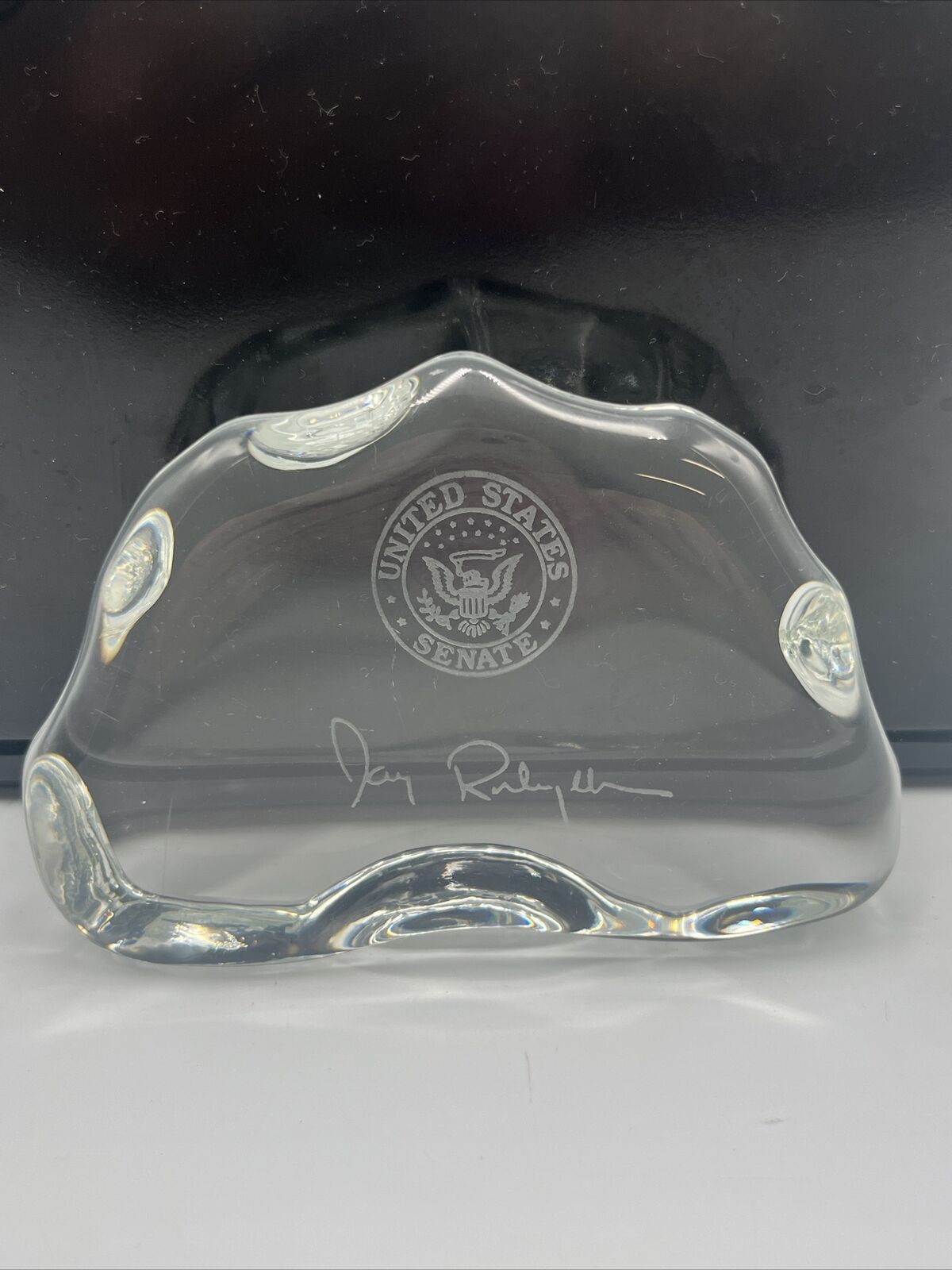 RARE West Virginia U.S. Senator Jay Rockefeller Etched Glass Paperweight - EUC