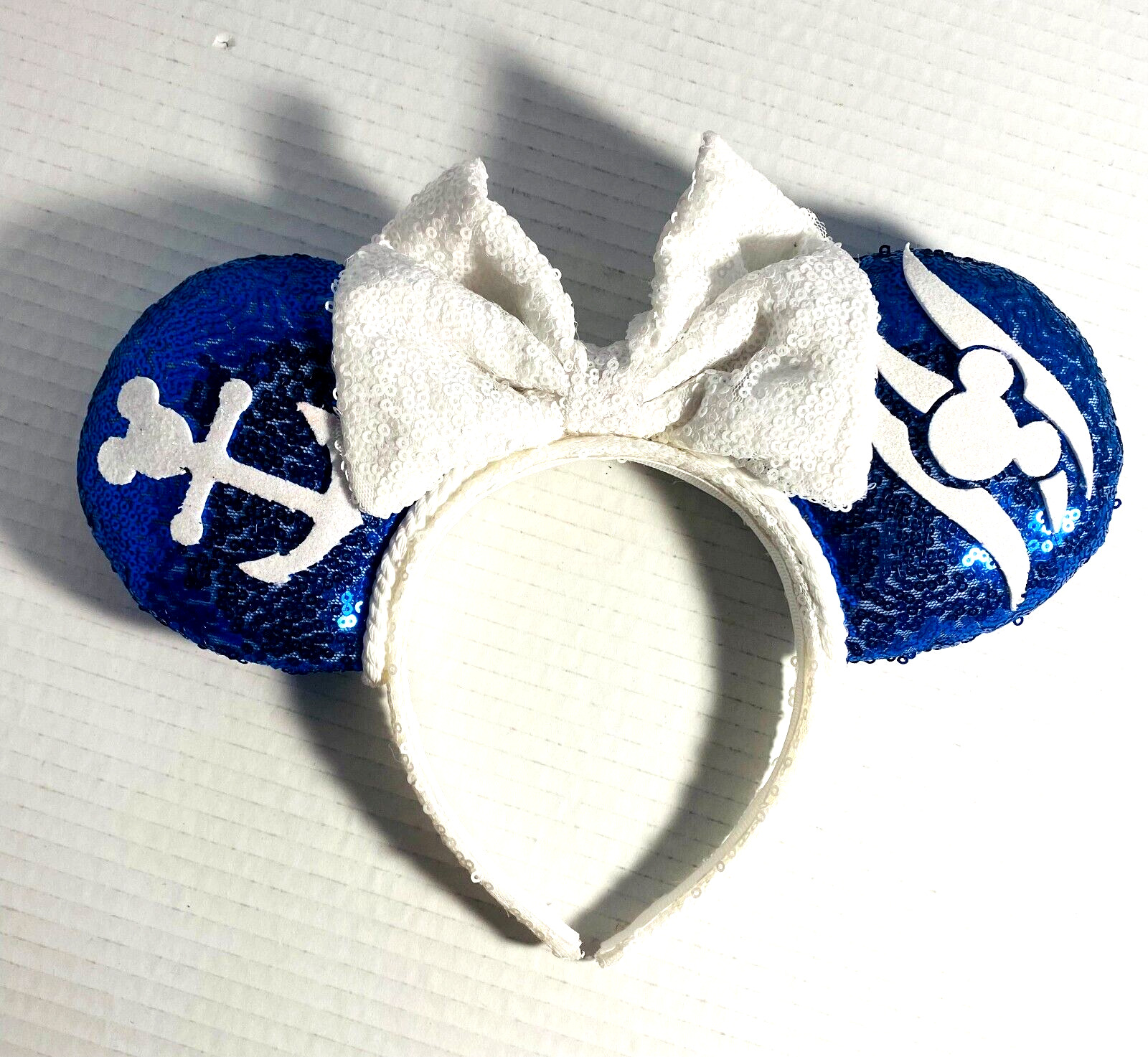 VTG Disney-Parks White & Blue Nautical Minnie Mouse Bow Sequins Headband Ears US