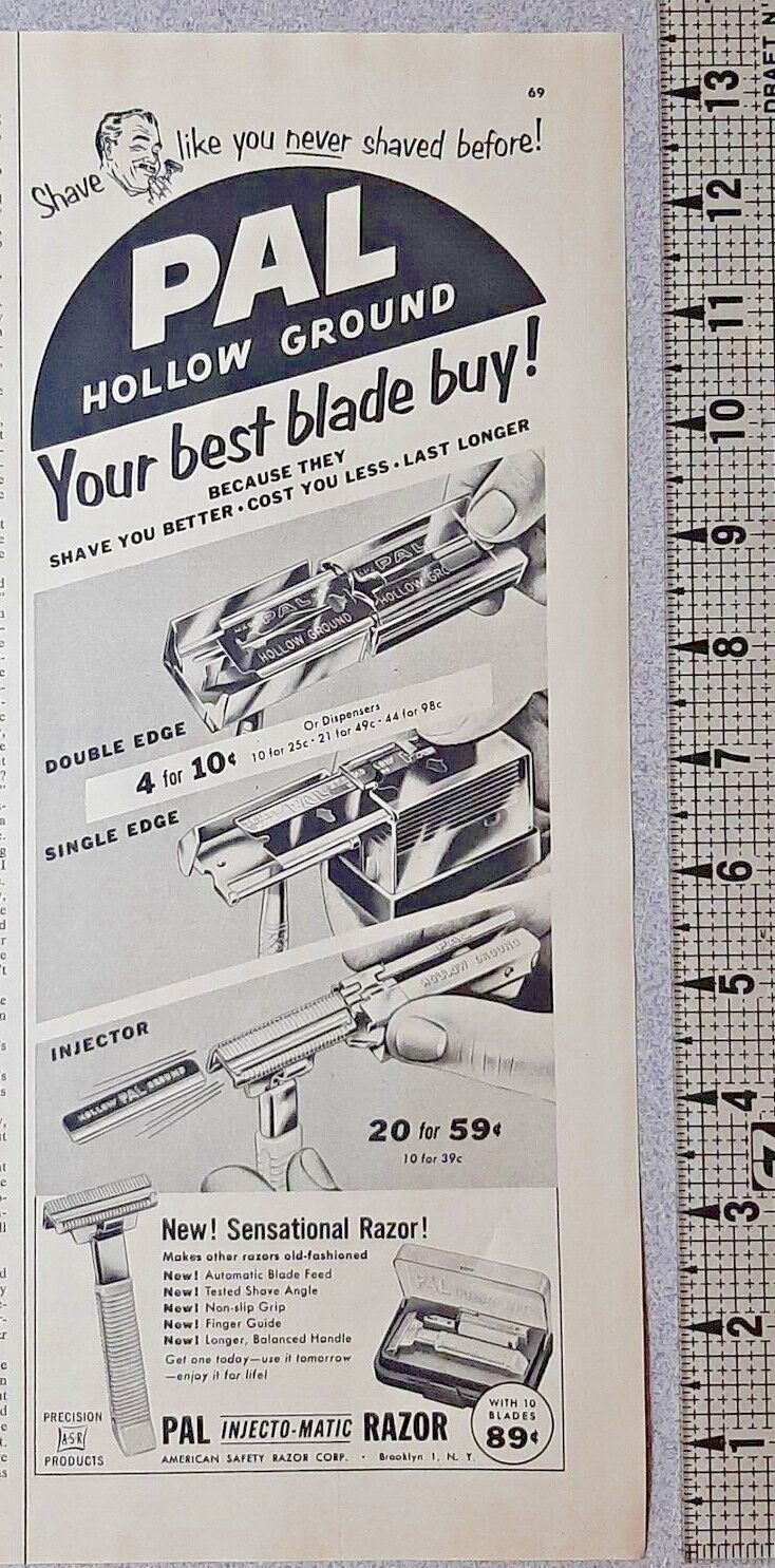 1953 Pal Razor Vintage Print Ad Blades Safety Hollow Ground Injecto Matic B&W