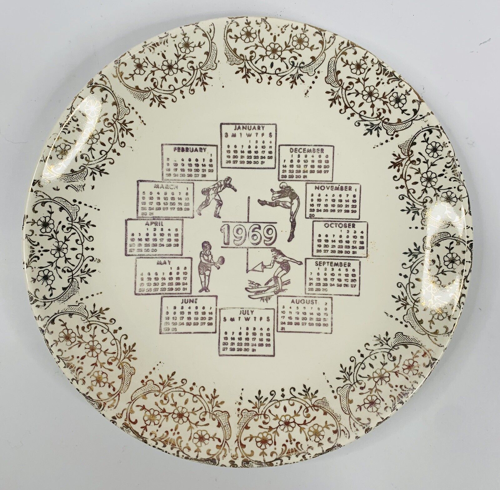 9” Vintage 1969 Calendar Plate Decor Anniversary, Birthday Platinum on White