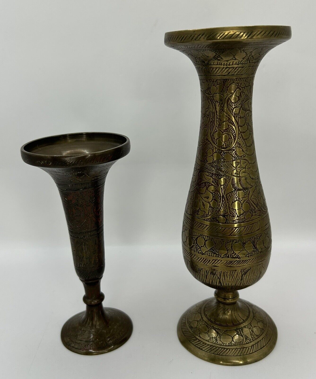 Two Brass Etched Vase Set, 5 1/4” X 2 1/4” & 7 1/2” X 2 1/4”