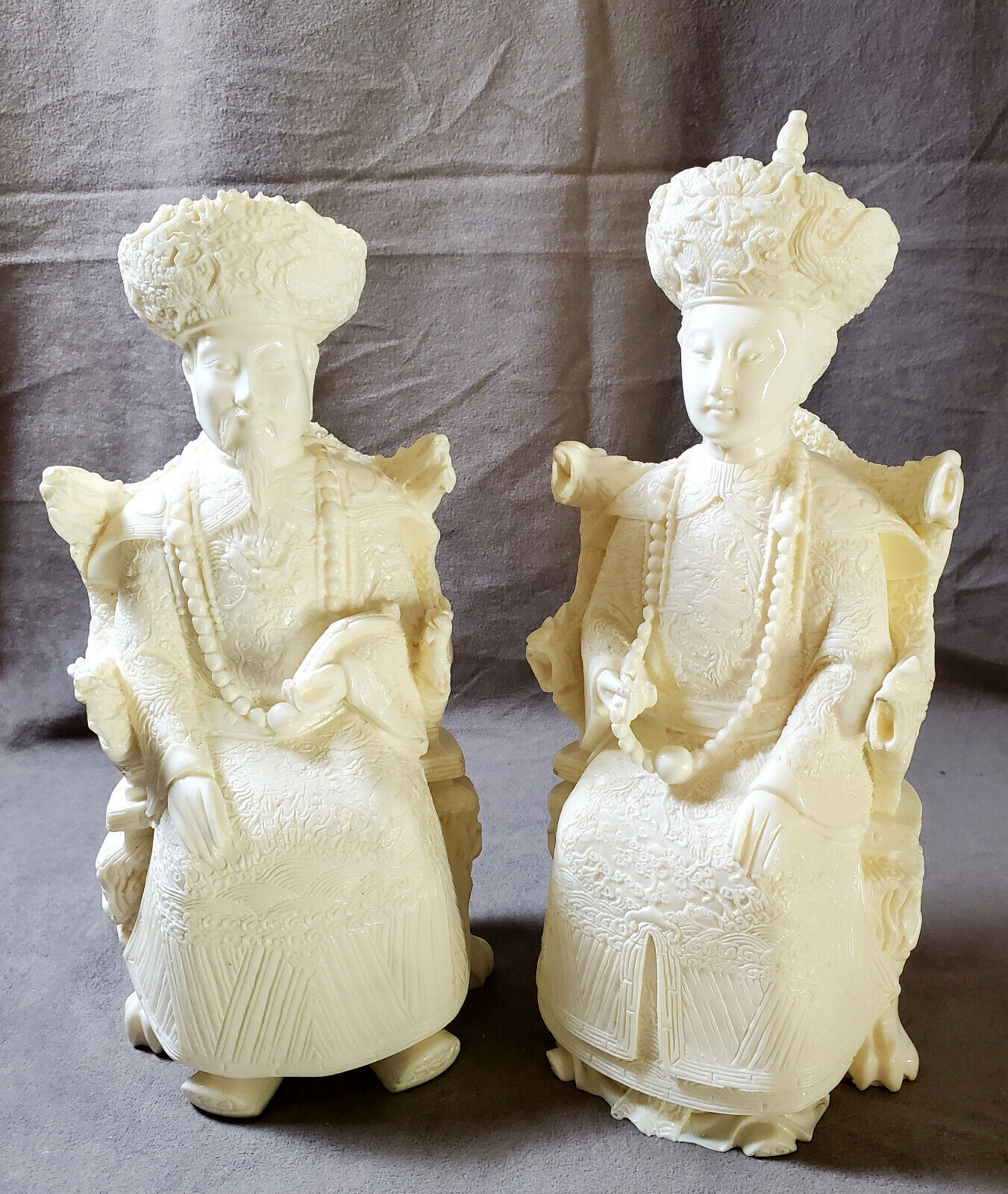 Chinese EMPEROR & EMPRESS Royal Figurine Pair Carved Resin Statue Sculpture