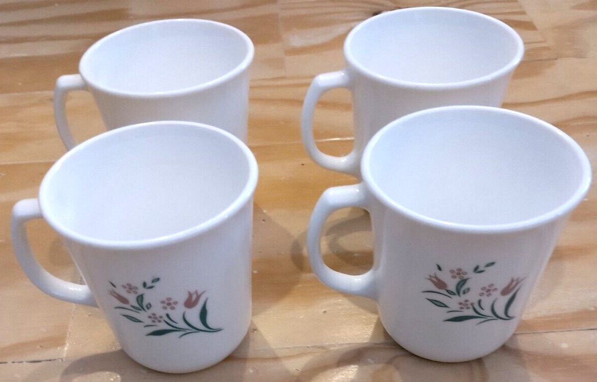 Vintage Corelle Corning Ware Rosemarie Pink Tulip Coffee Mugs Set of 4, USA Made