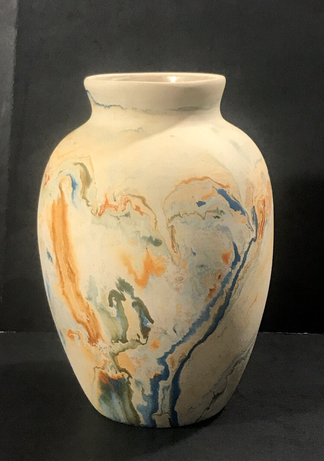 Vintage RARE Nemadji Pottery USA Vase Orange Blue 