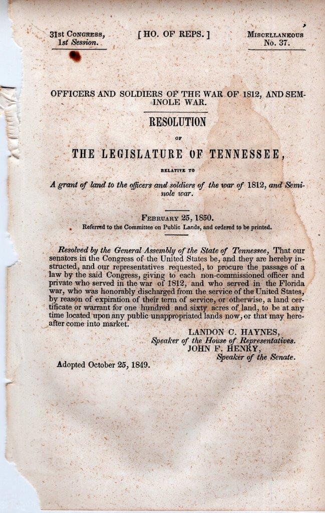 Legislature of Tennessee- Resolution on Officers & Soldiers of the War of 1812
