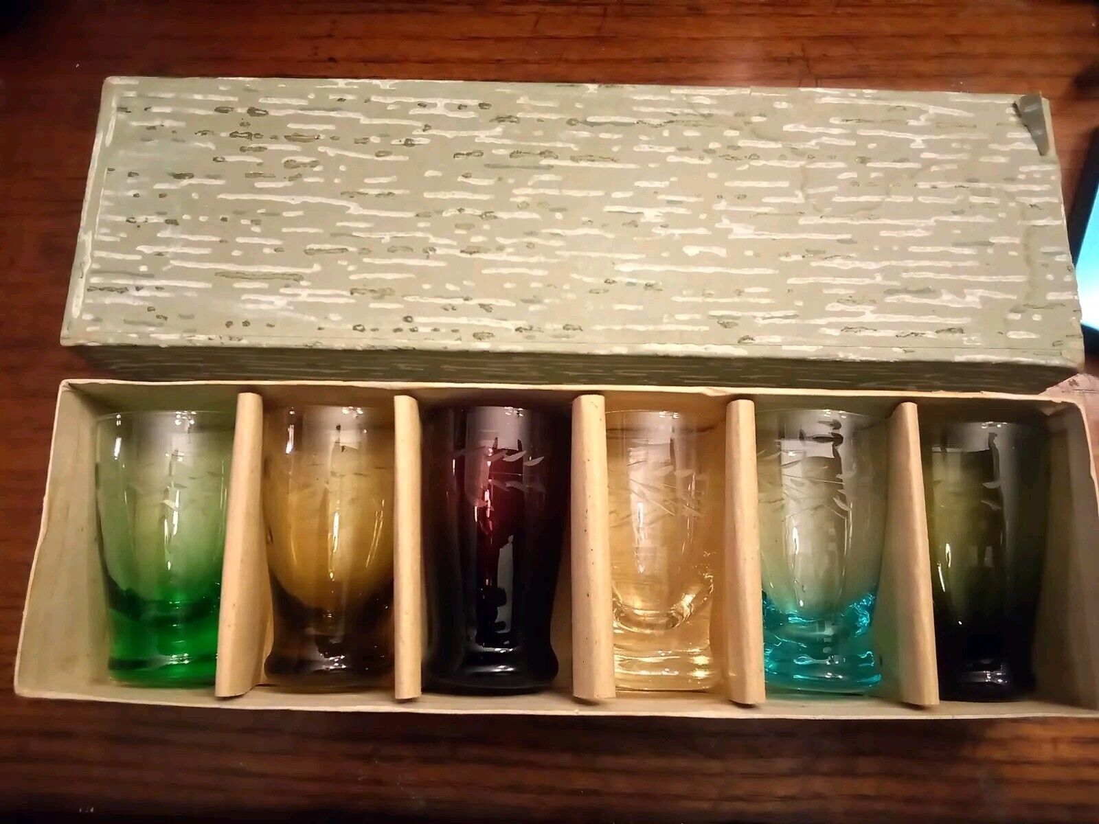 Vintage Shot glass Set Etched Multicolor N.O.S