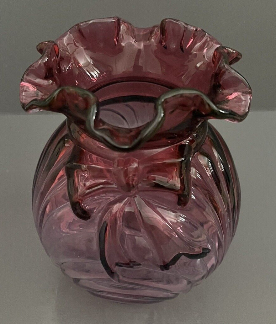 Fenton Art Glass Cranberry Country Caprice Drape Bow Vase Ruffle Crimped Edge