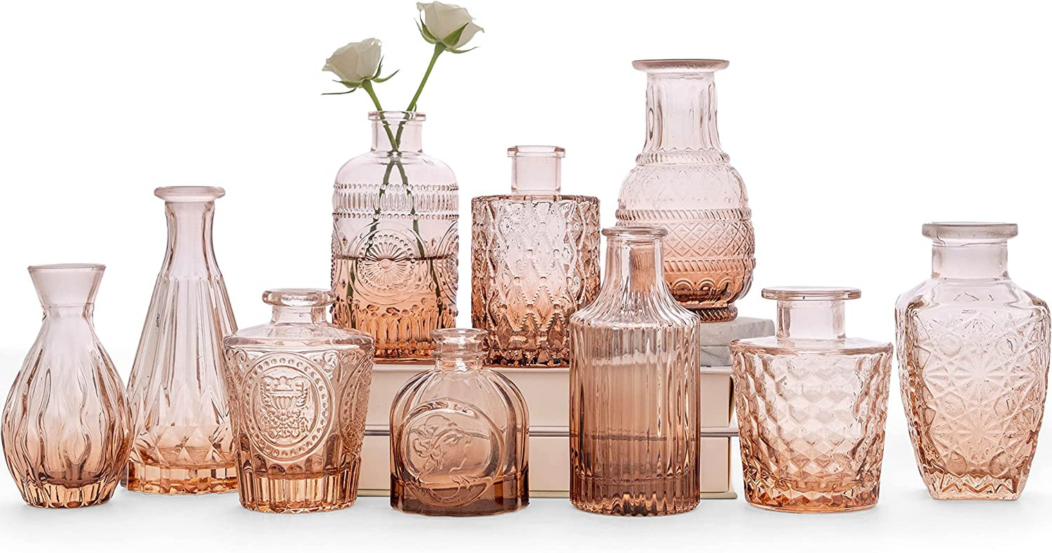 Amber Glass Bud Vase Set of 10 - Small for Flowers, Bud - in Bulk, Cute Mini Vin