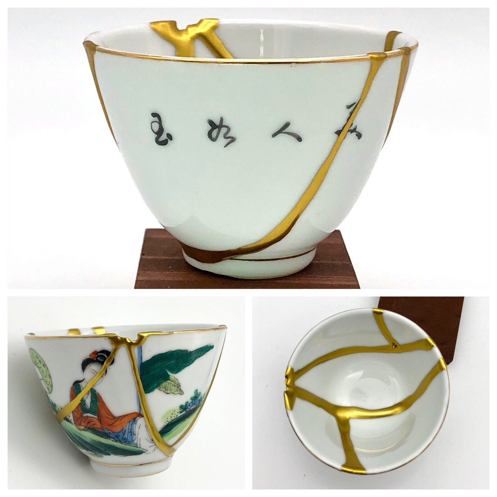 Kintsugi Cup Chinese Chawan Geisha Calligraphy Gold Crack Personal Growth Gift