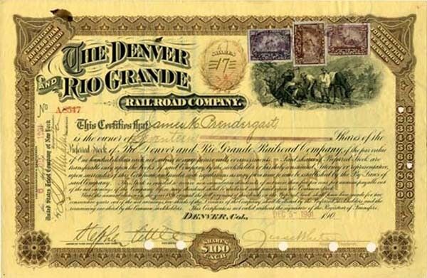 Denver and Rio Grande Railroad Co. - Stock Certificate - Railroad Stocks