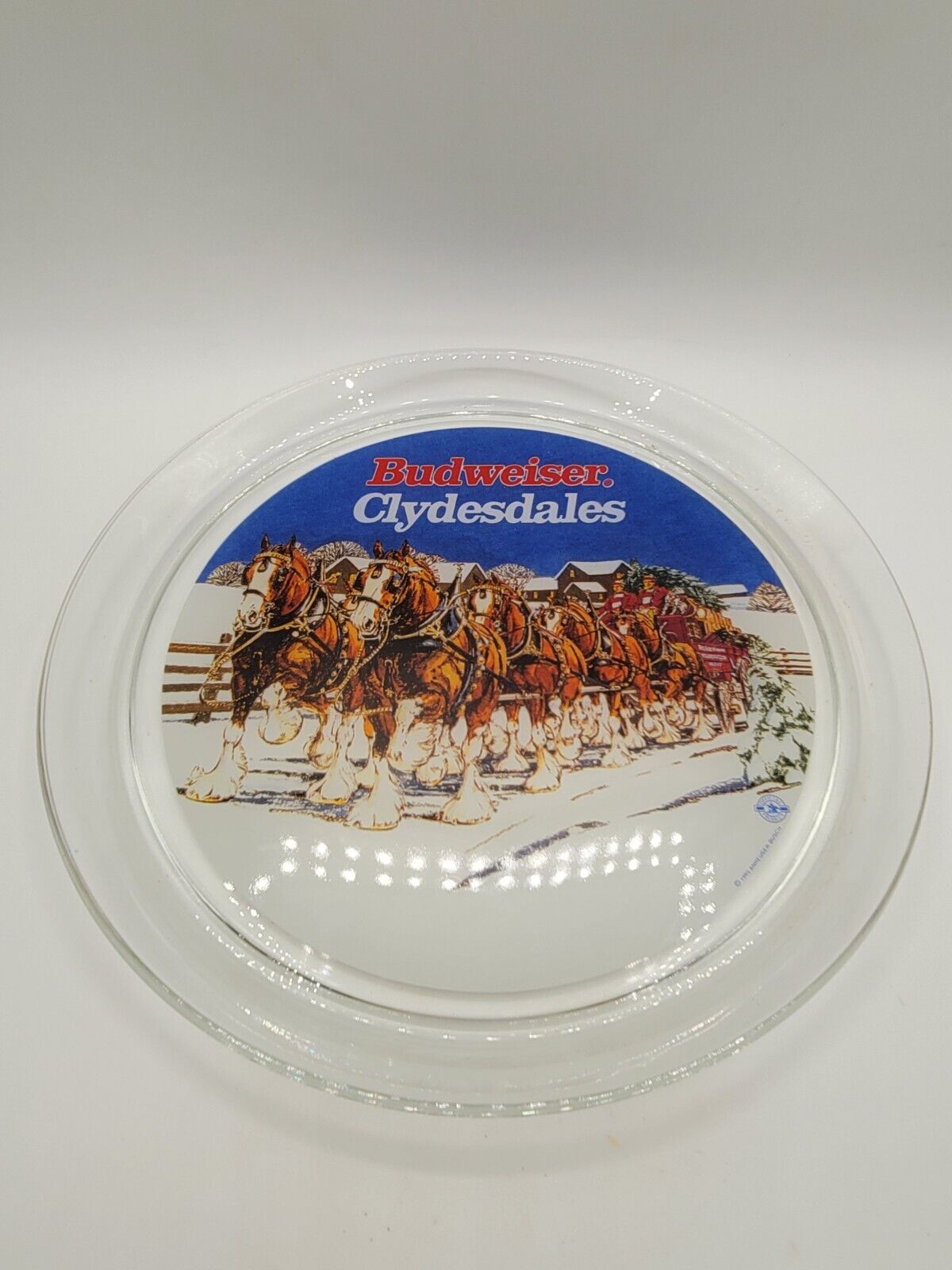 Budweiser Glass Serving Tray Clydesdales 1995 Anheuser Busch Winter Holiday