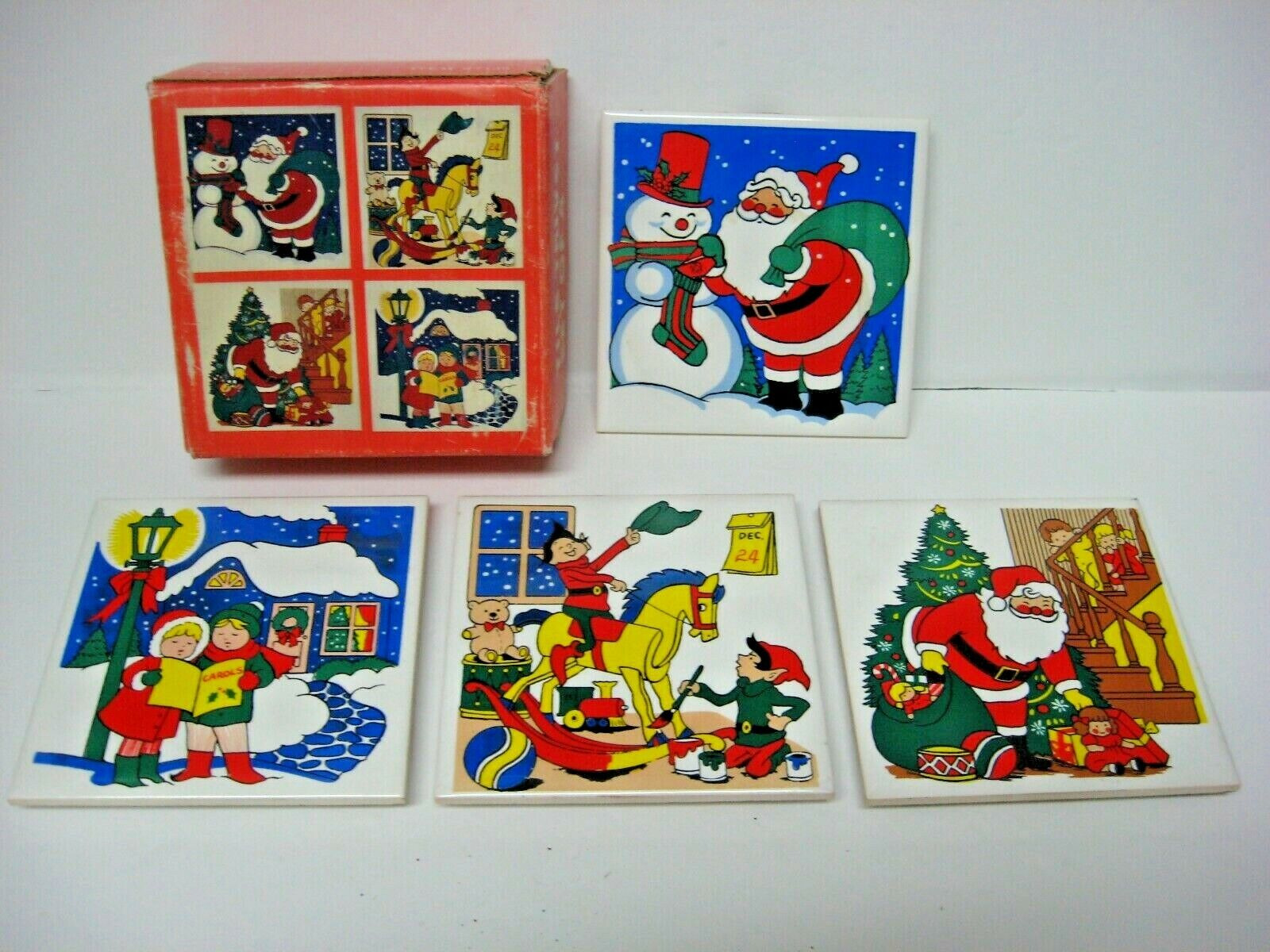 vintage LOT 4 tile trivets coasters HOLIDAY Price Products + BOX