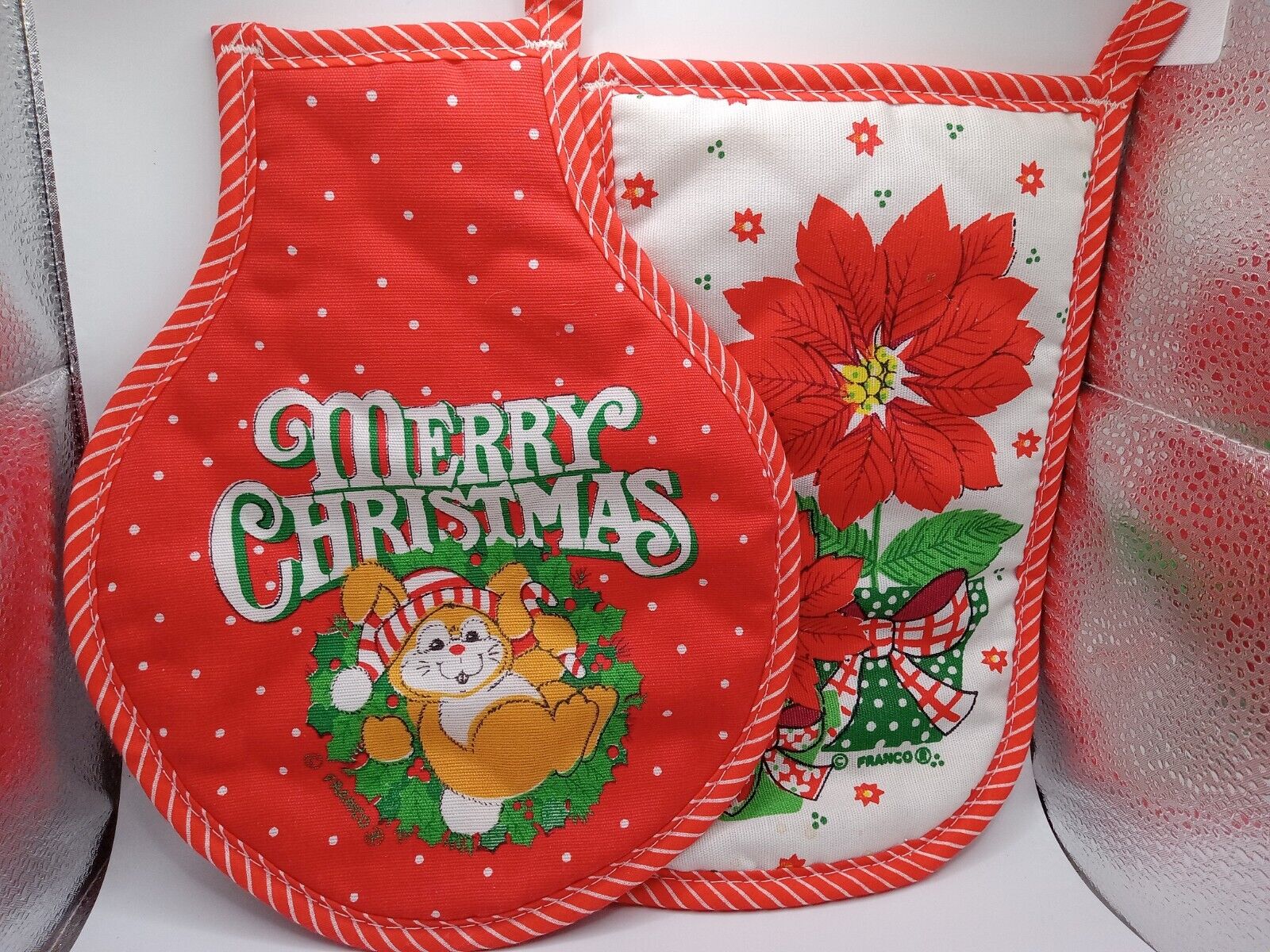 2) Vintage Franco Merry Christmas Pot Holders 9.75” x 8.25” EUC Dinner Warmers