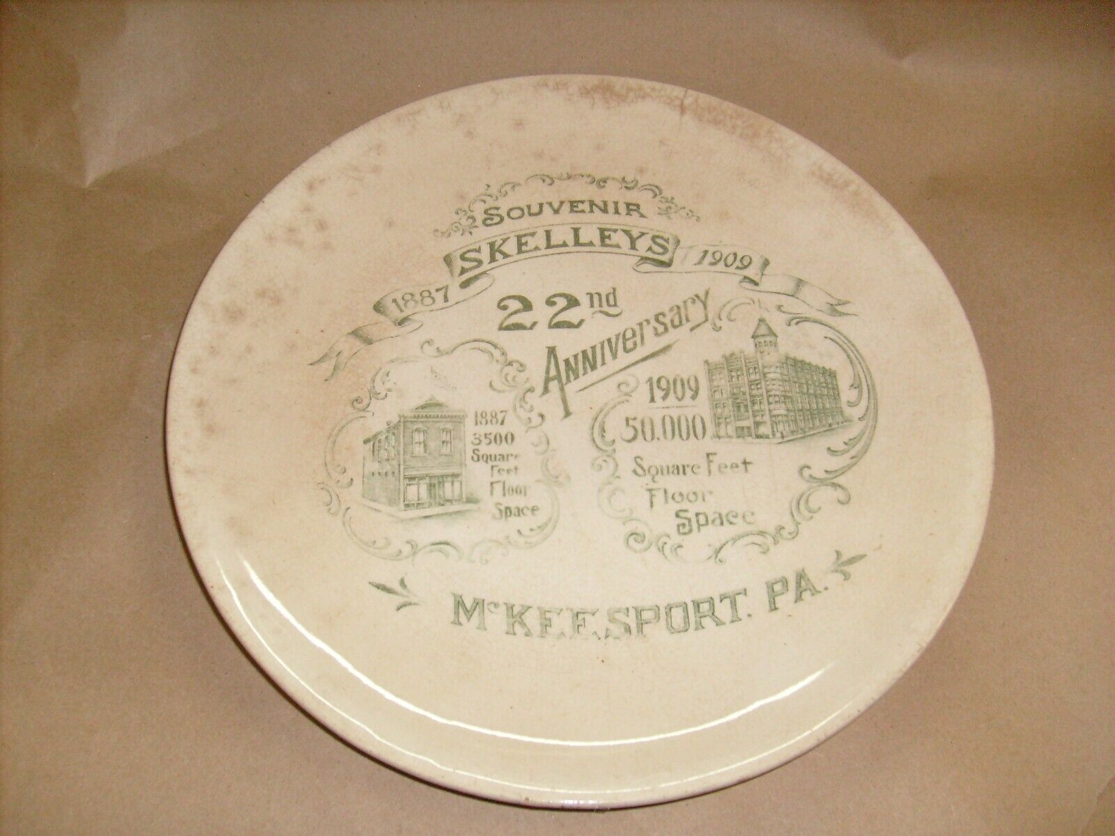 Rare Souvenir Plate 1887-1909 Skelleys - McKeesport Pa. Store outside Pittsburgh
