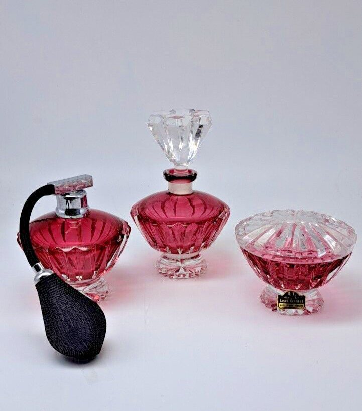 Vintage Hand Cut Pink Lead Crystal Perfume Bottle Set. From West Germany