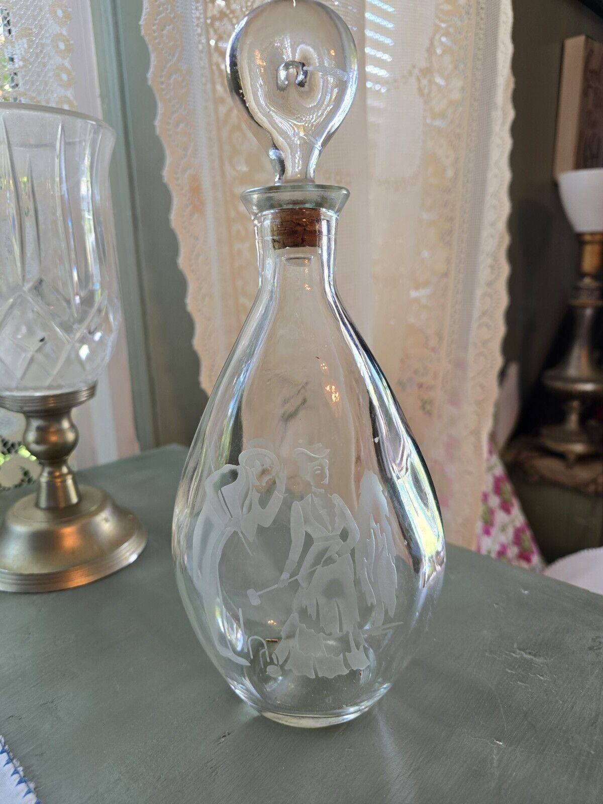 Vintage Clear Glass Decanter With Embossed Picture