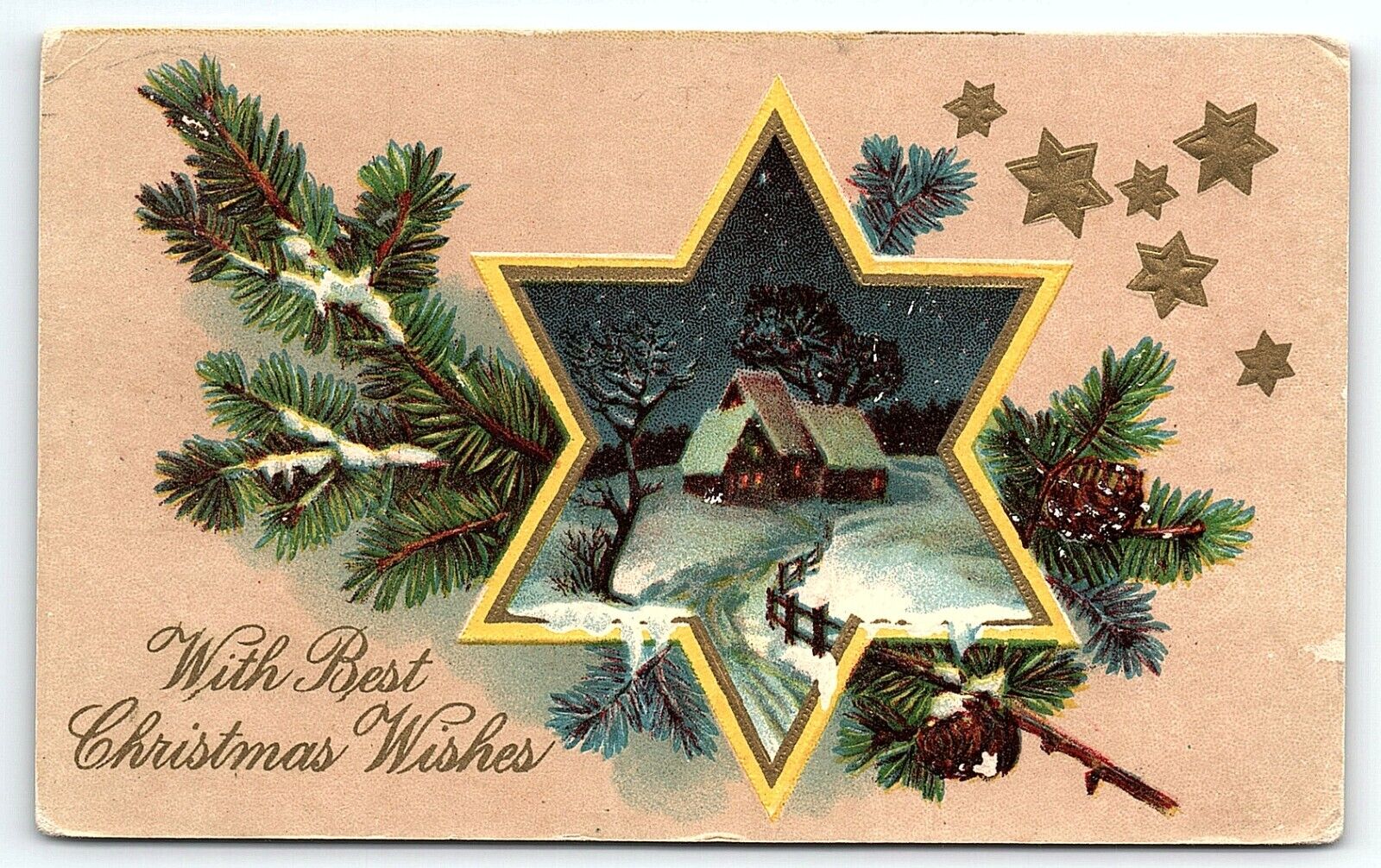 c1910 BEST CHRISTMAS WISHES STAR PEACEFUL SNOWY HOME SCENE WINSCH POSTCARD P2730