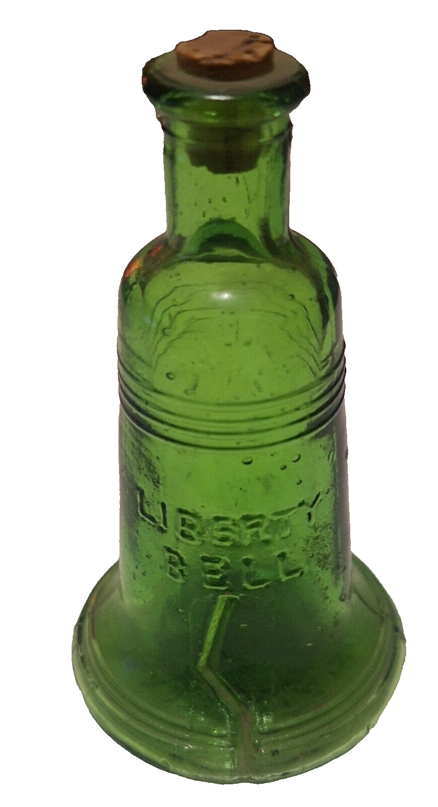 Vintage Green Glass Liberty Bell bottle w/ Cork  Embossed TAIWAN