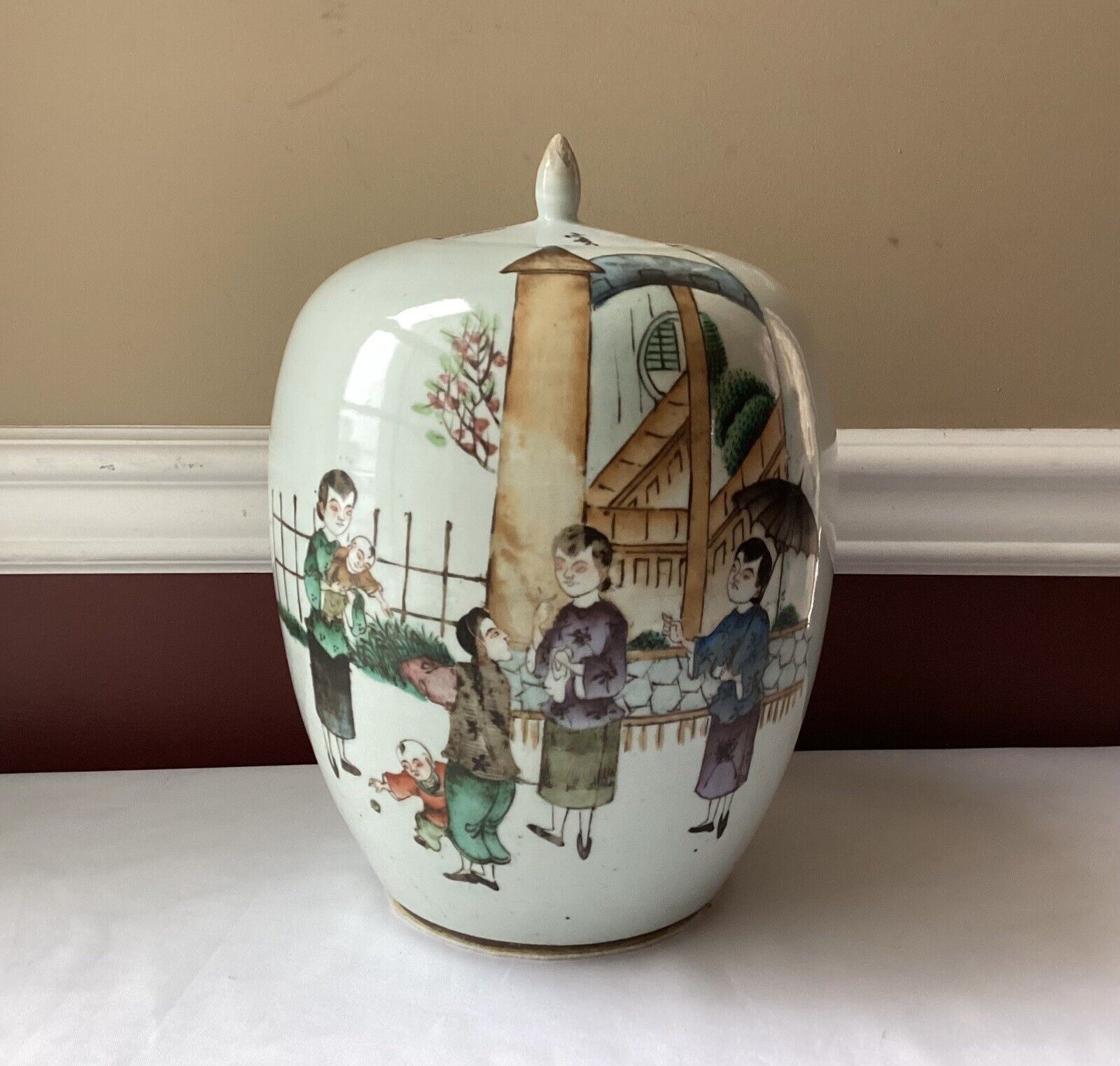 Large Antique Chinese Porcelain Inscribed Figural Covered Jar, 12\