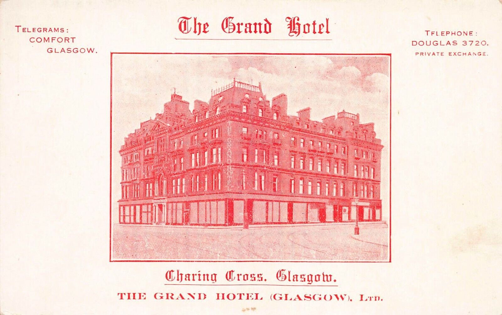 The Grand Hotel, Charing Cross, Glasgow, Scotland, early postcard, unused 