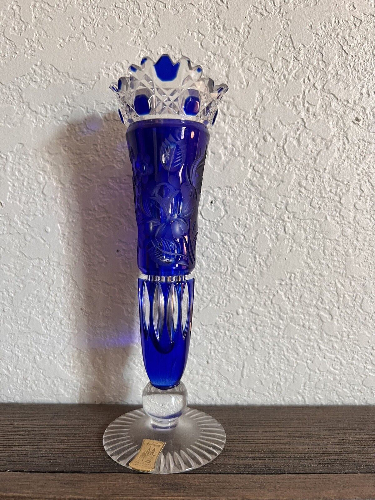 Meissener Bleikristall Echt Cobalt Blue Crystal Vase: Floral Etching