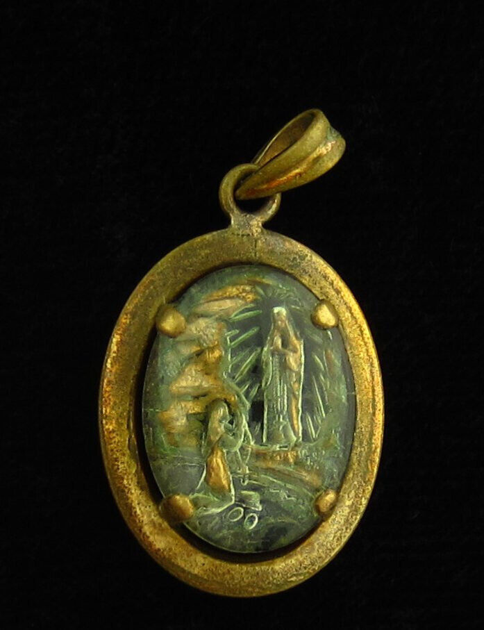 Vintage Mary Lourdes Glass Medal Religious Holy Catholic