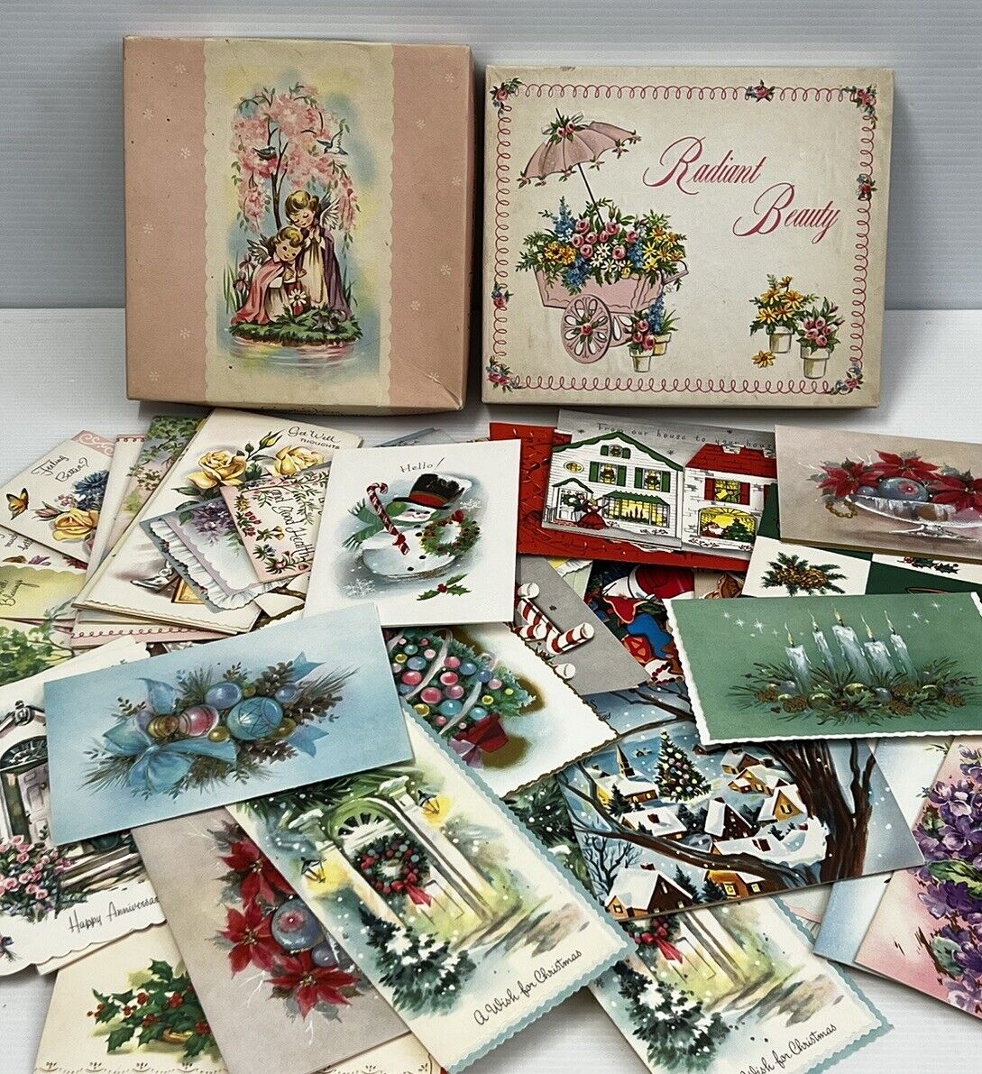 Mixed 90+ Lot Vintage Ephemera Miscellaneous Greeting Cards With 2 Boxes Crafts
