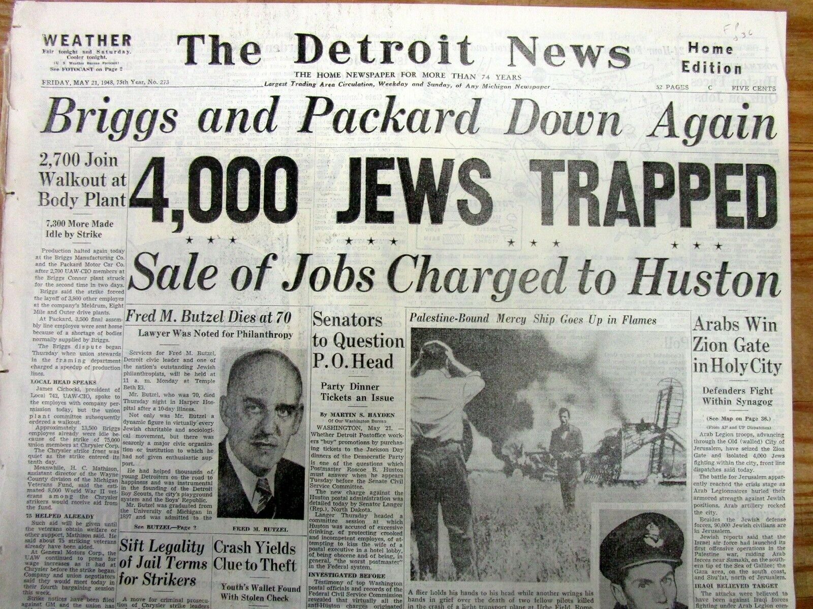 1948 newspaper 4000 JEWS TRAPPED JERUSALEM ISRAEL 1st ARAB ISRAELI WAR Judaica