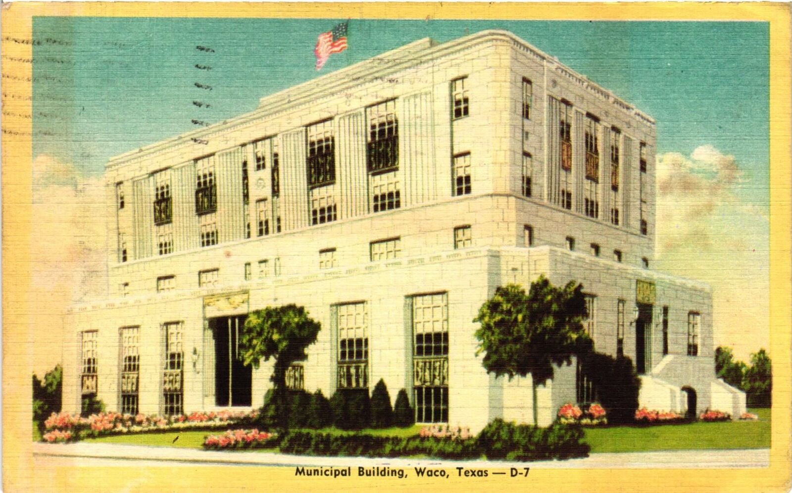 Vintage Postcard- . MUNICIPAL BLDG, WACO TX. Posted 1949