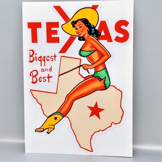 Texas Cowgirl Pinup Vintage Style Travel Decal, Vinyl Sticker, Luggage Label