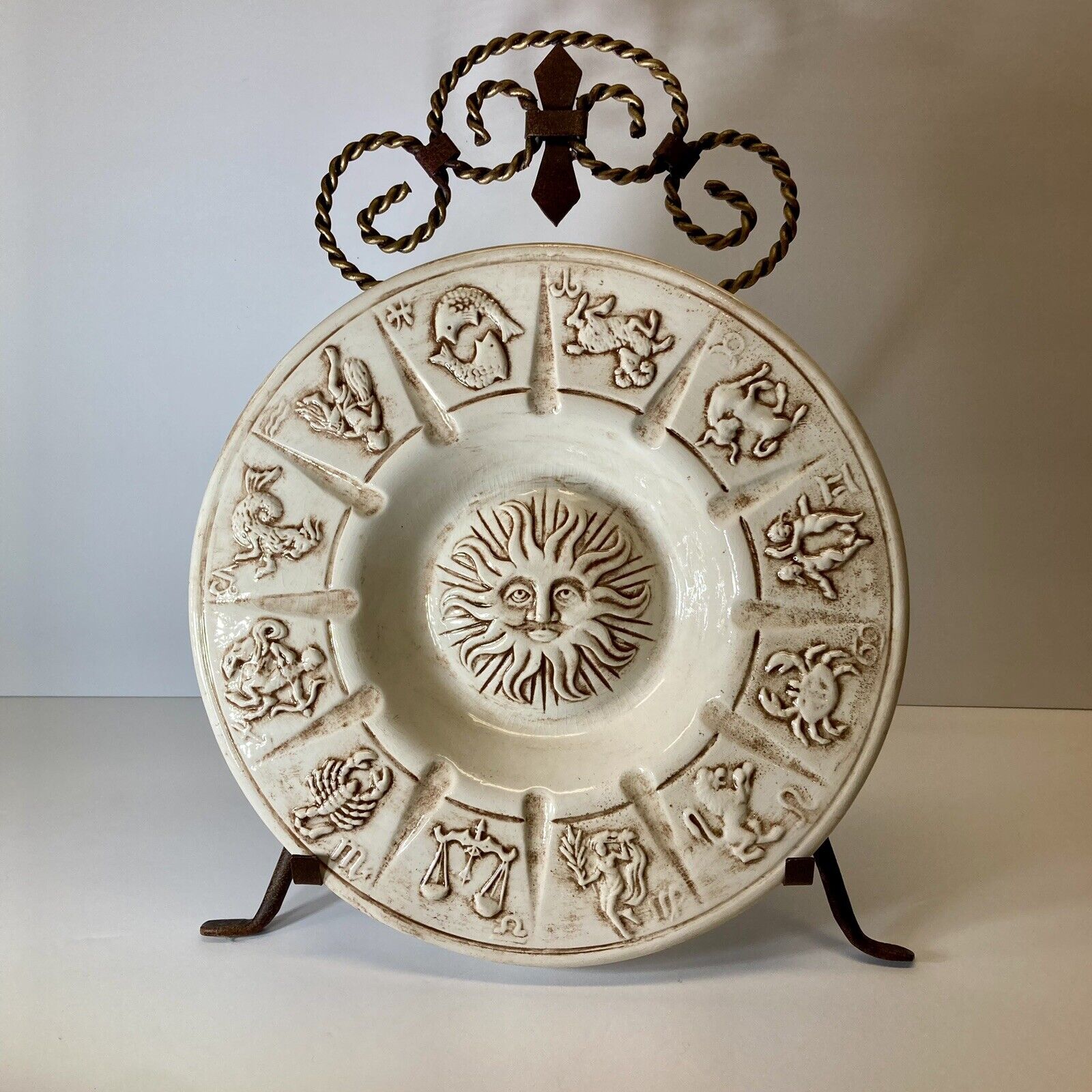 Vintage Ashtray Plate Ceramic Astrological Zodiac Sun 1975 Handmade Signed