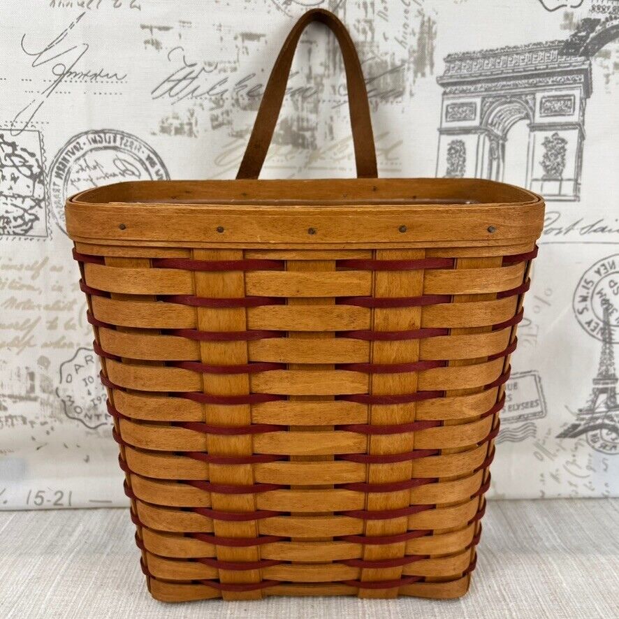 Longaberger 1994 Tall Key Mail Basket w/Red Accent Weave, Wall Hanger, Protector