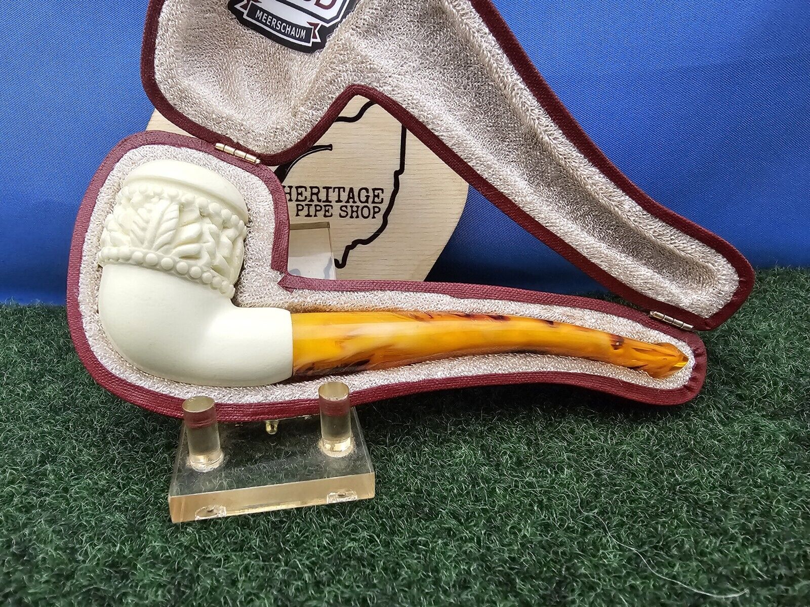 MBSD Freehand Featherweight Carved Bent Block Meerschaum Clincher Pipe, Case