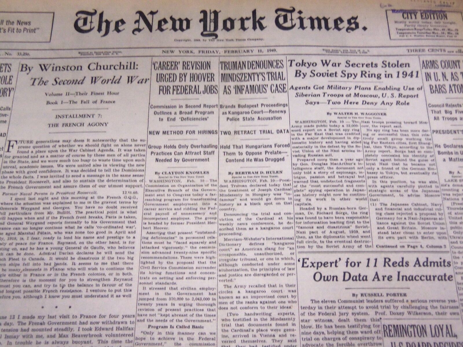 1949 FEBRUARY 11 NEW YORK TIMES - MINDSZENTY TRIAL \'INFAMOUS\' - NT 3220