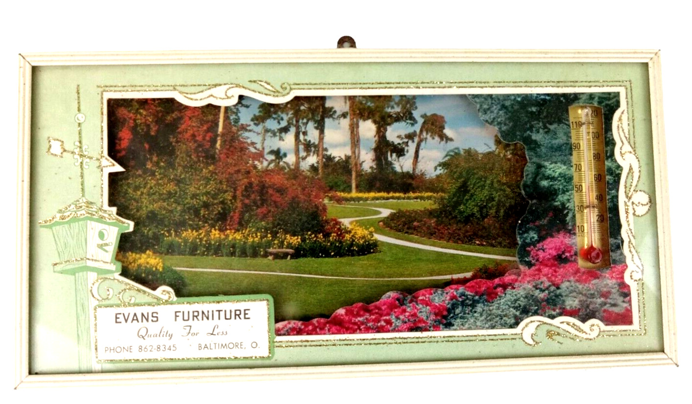 Vintage Advertising Framed Picture Thermometer 1964 Calendar Evans Furniture MCM