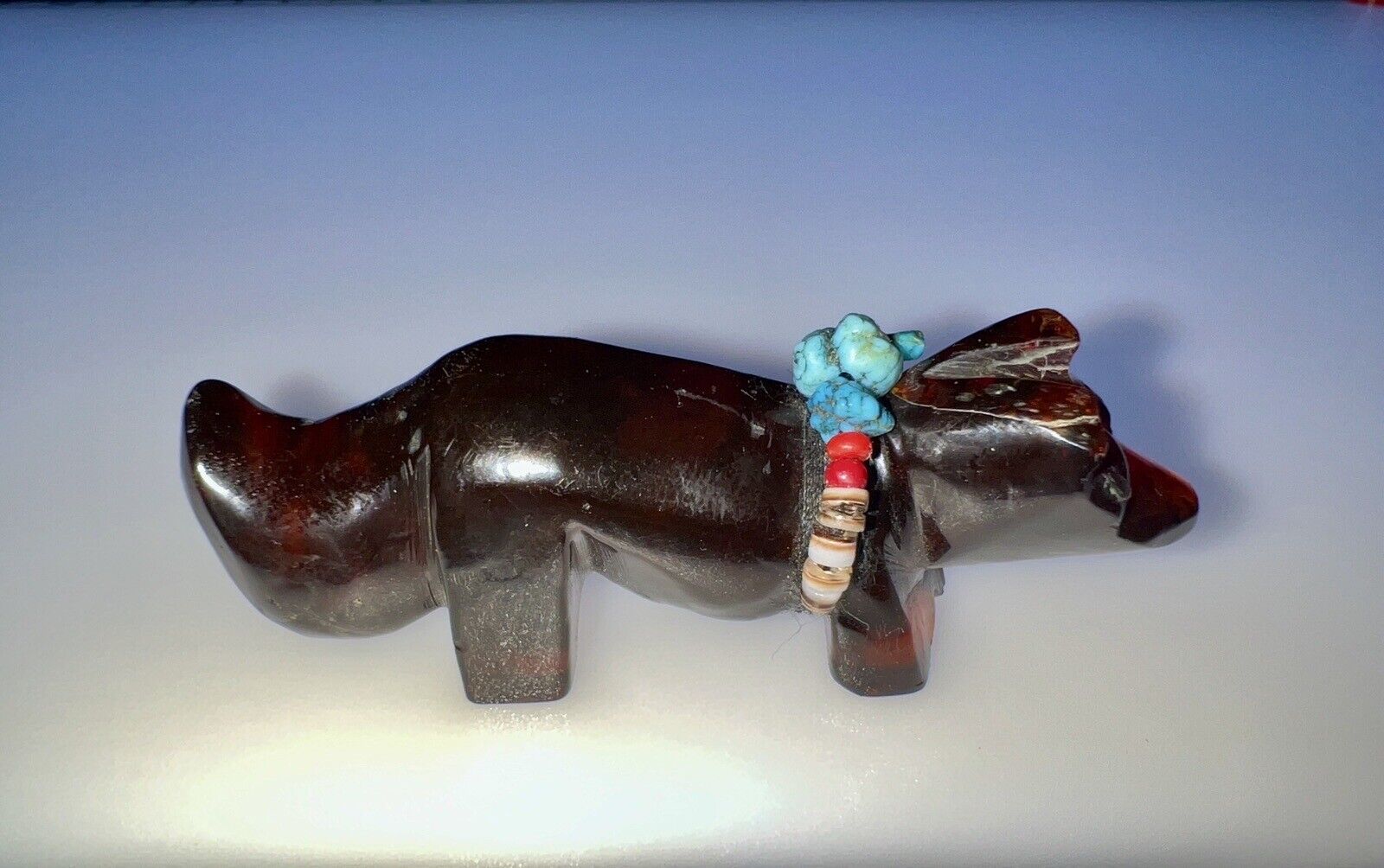 1970s Native American Zuni Carved Cherry Amber Wolf Fetish By Mary Tsikewa (d.)
