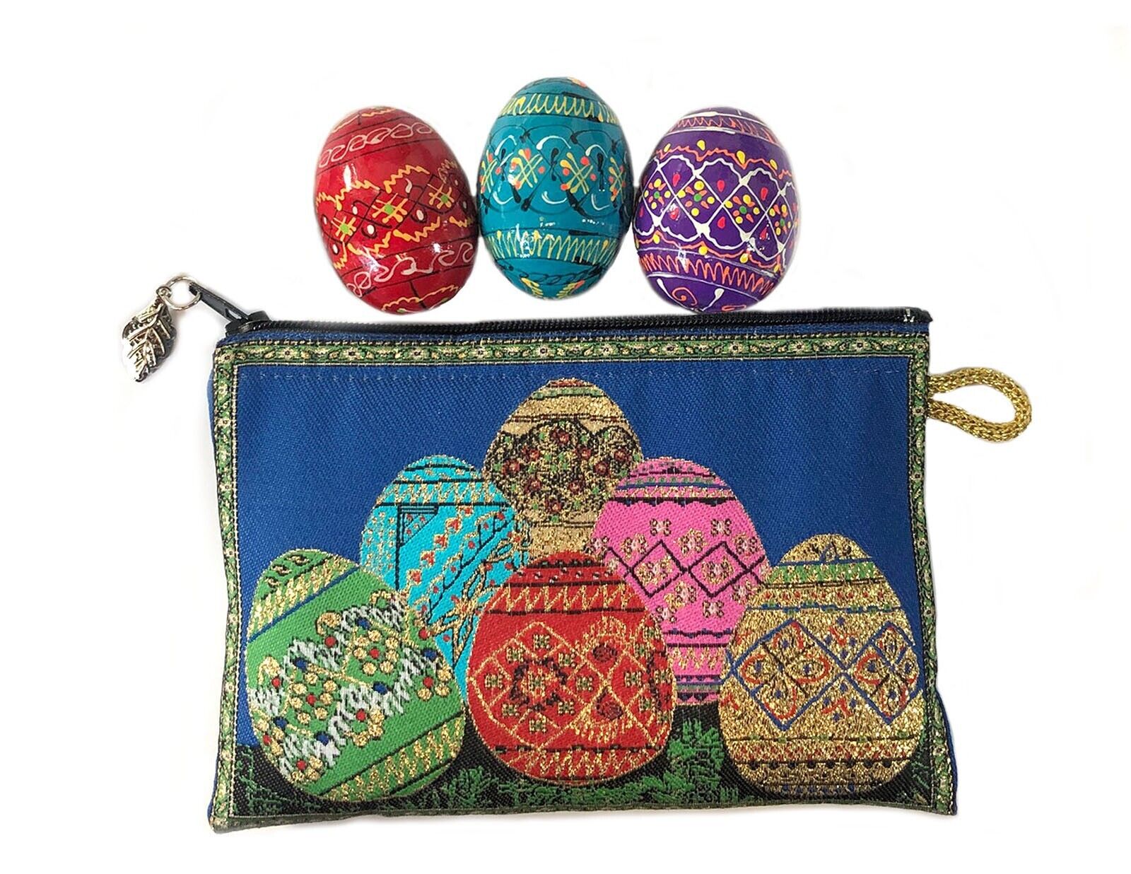Pysanky Pysanki Wooden Ukrainian Hand Painted Easter Eggs - Set of 3 & Pouch