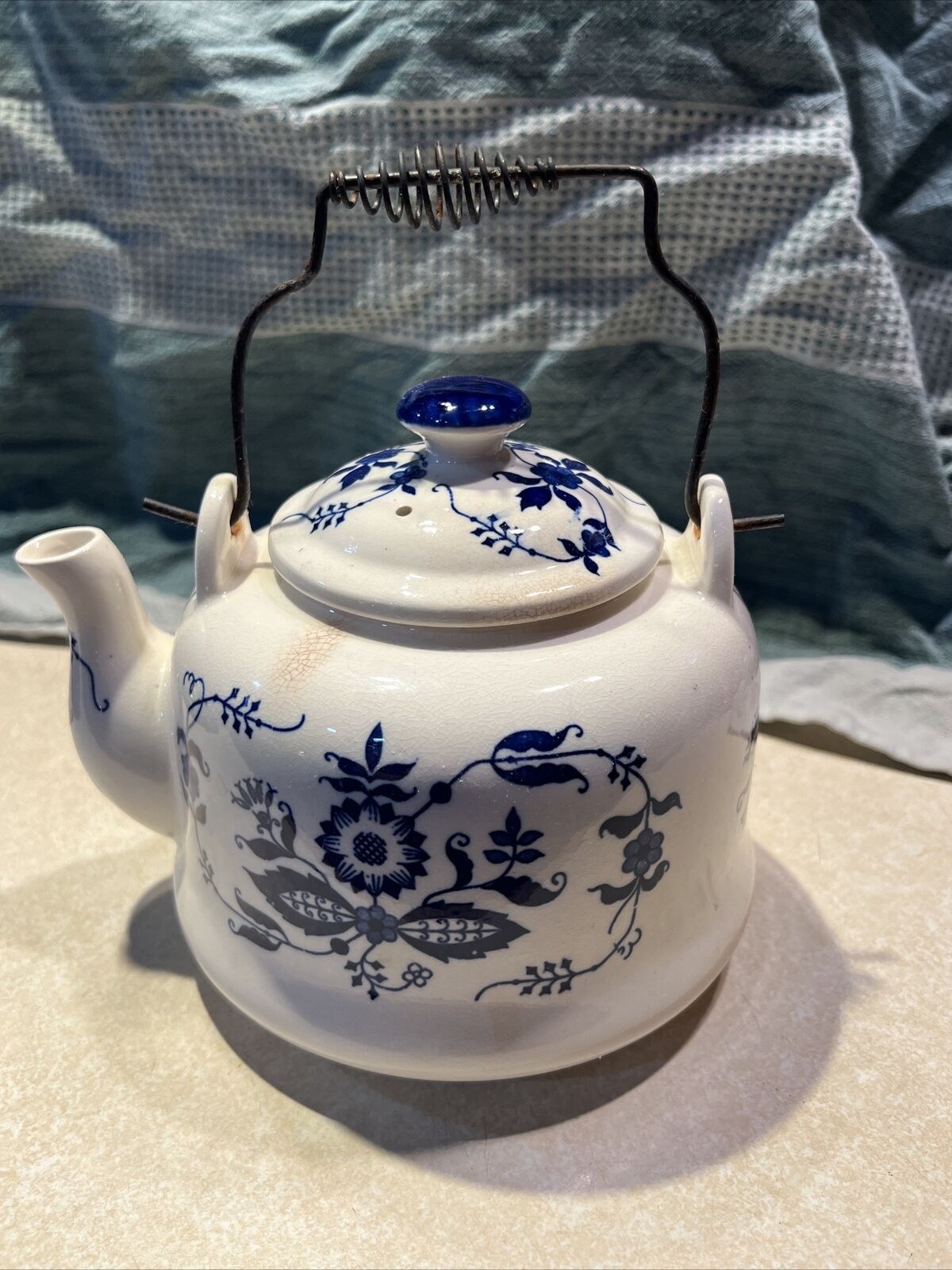 Vintage ARMBEE Blue & White Floral Teapot with Black Metal Handle Japan Ceramic