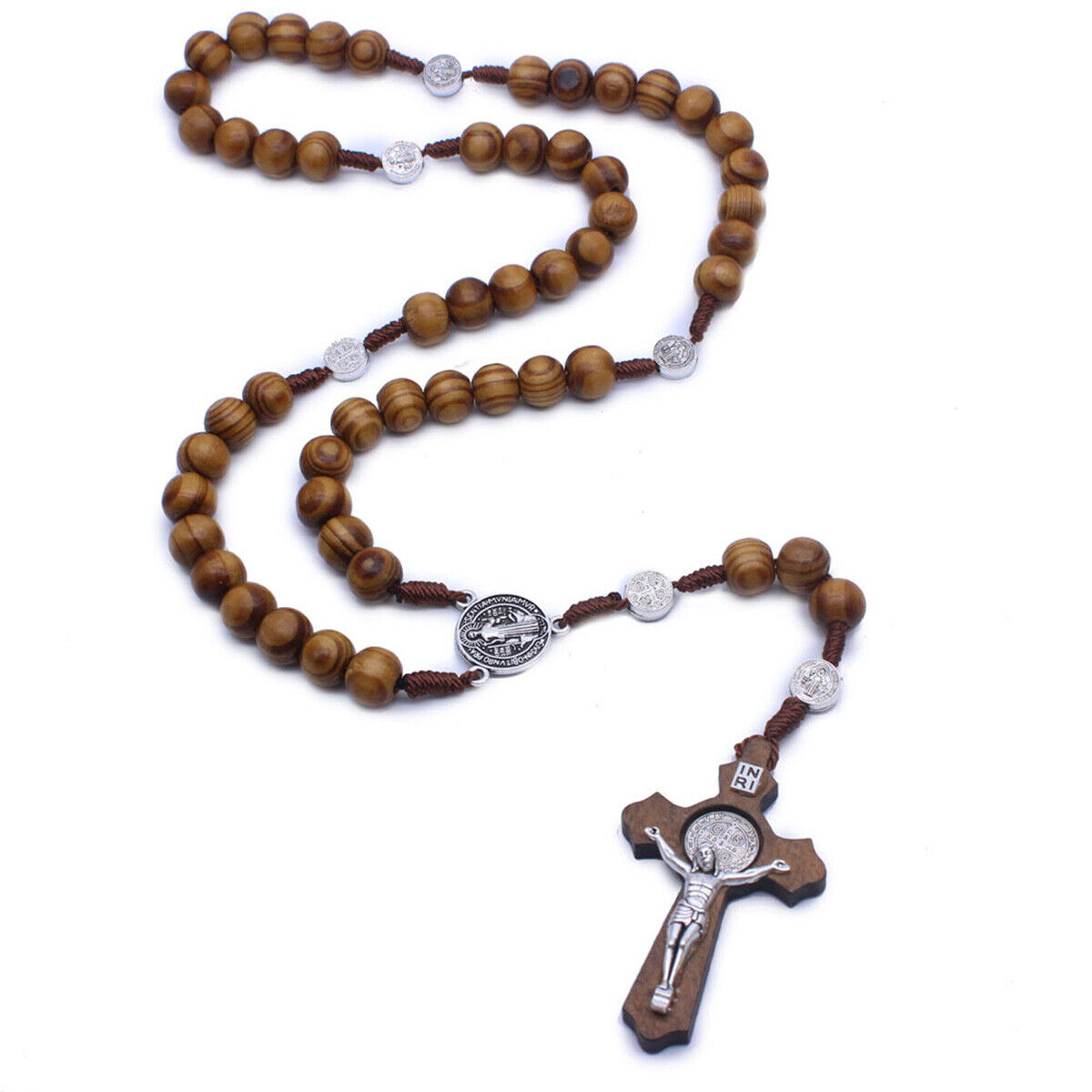 Saint Benedict Olive Wood Beads Rosary Cross Catholic Pendant Necklace Charm