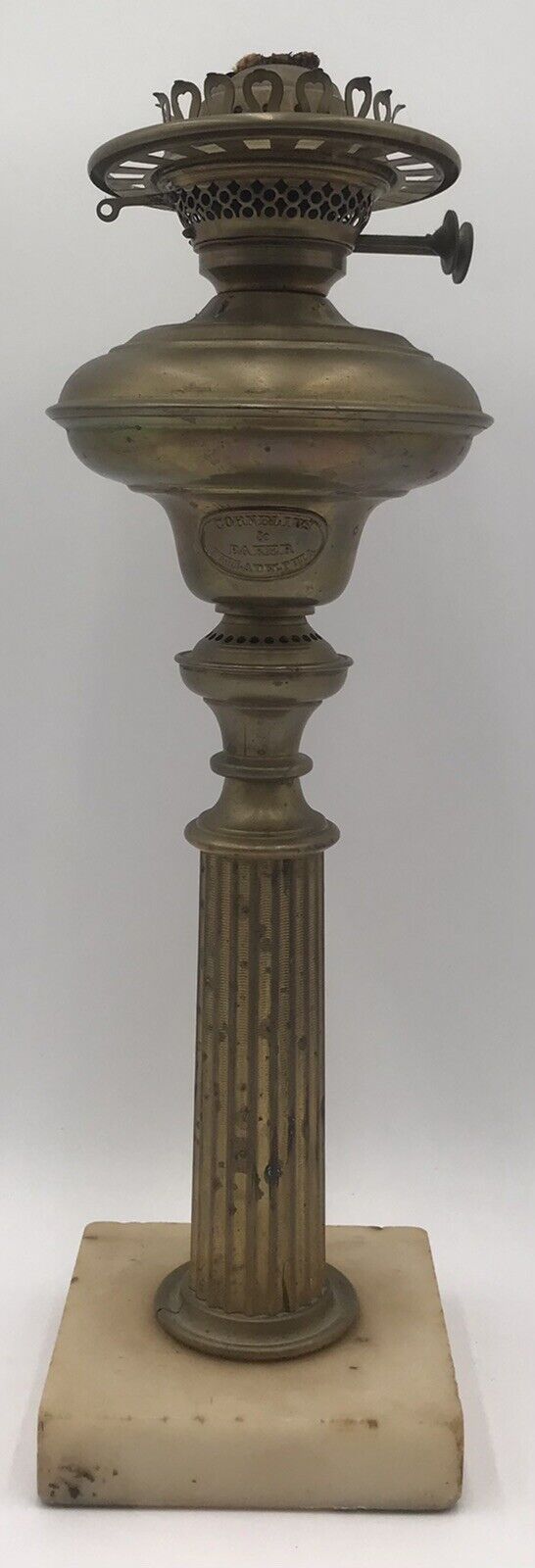 Antique Cornelius & Baker Corinthian Brass & Marble Base Argand Lamp