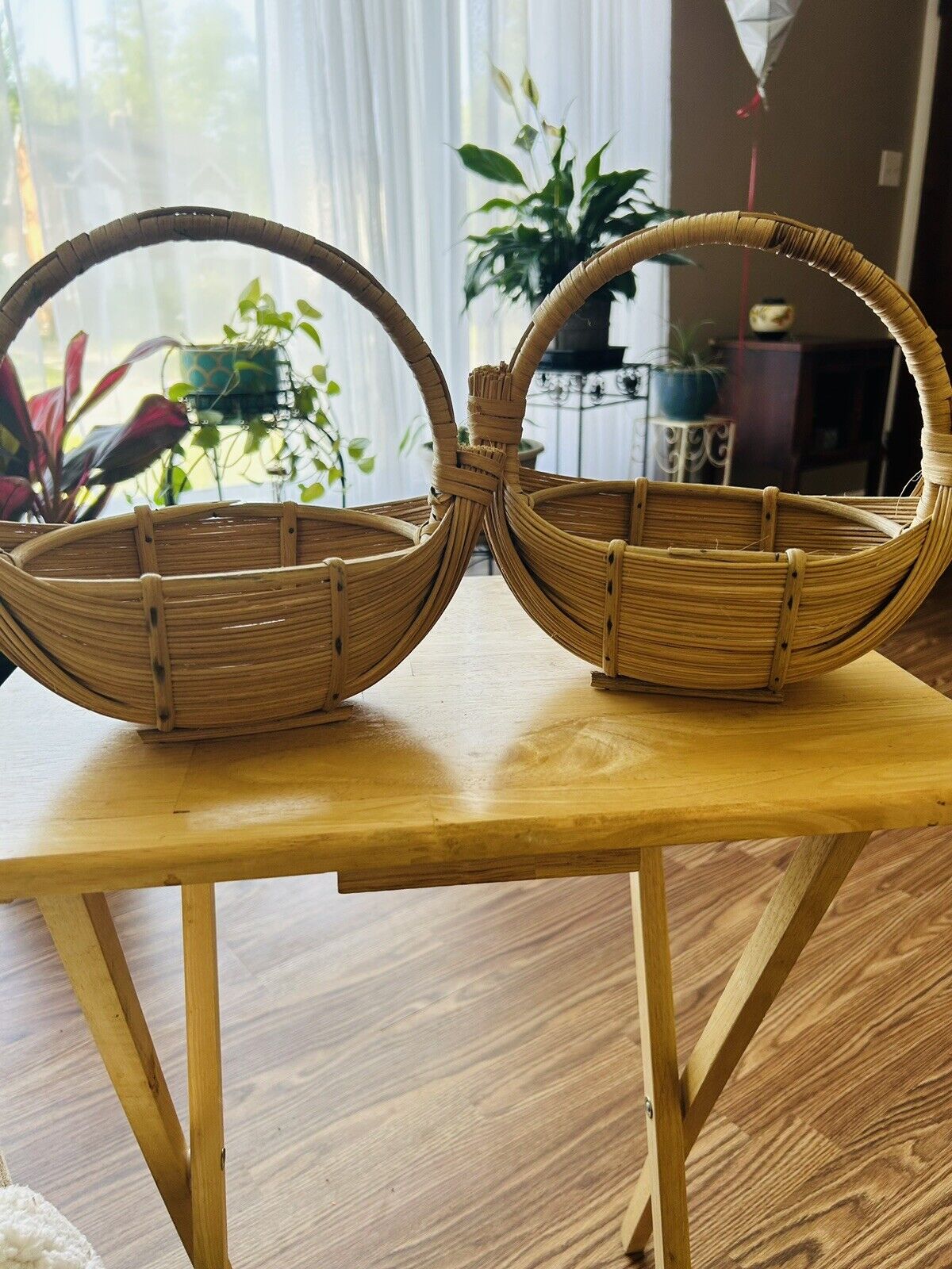 Vintage Handmade Rattan Basket Boat Shaped Willow UNIQUE Weave MCM Halfmoon