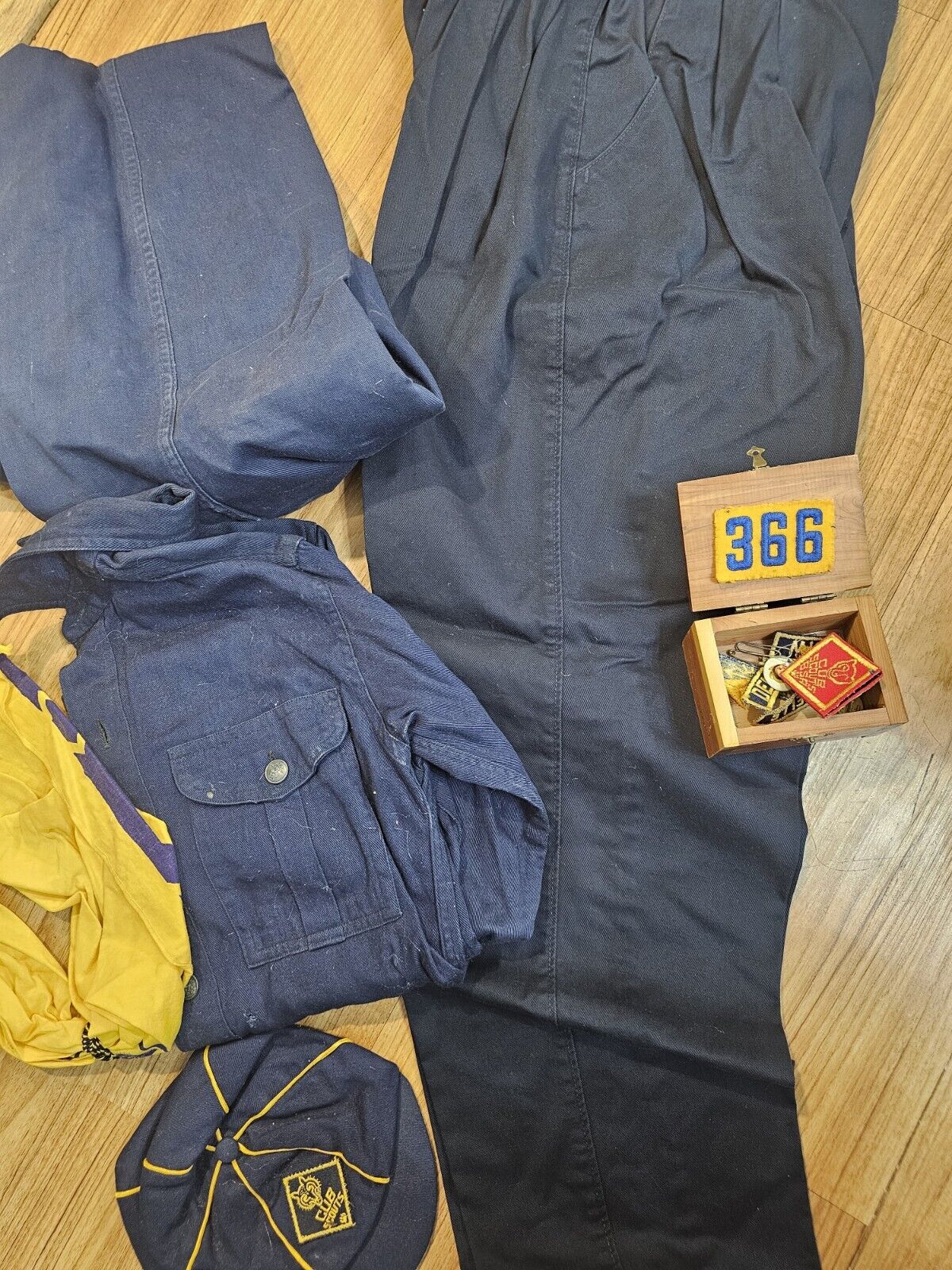 Vintage Cub Scout Uniform Hat Shirt Pants and Patches Set Boy Blue Yellow