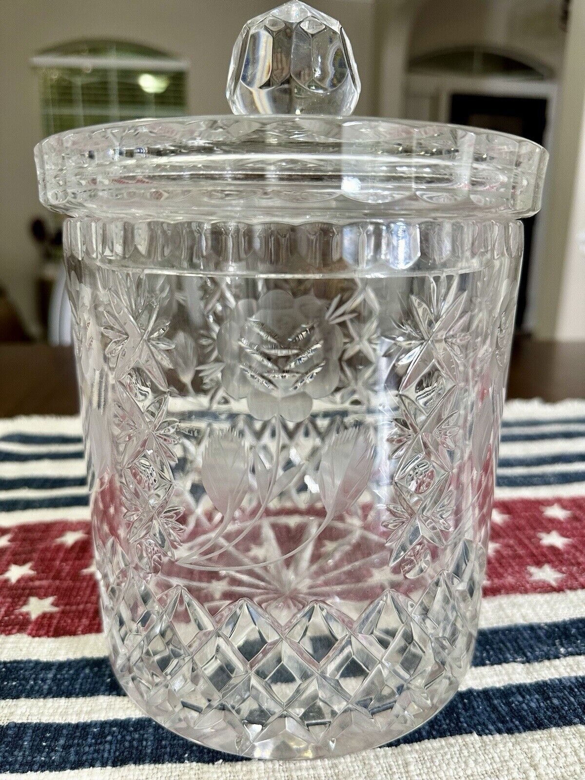 Vintage Bohemian  Crystal Biscuit Jar with Lid Flowers And Diamonds Pattern
