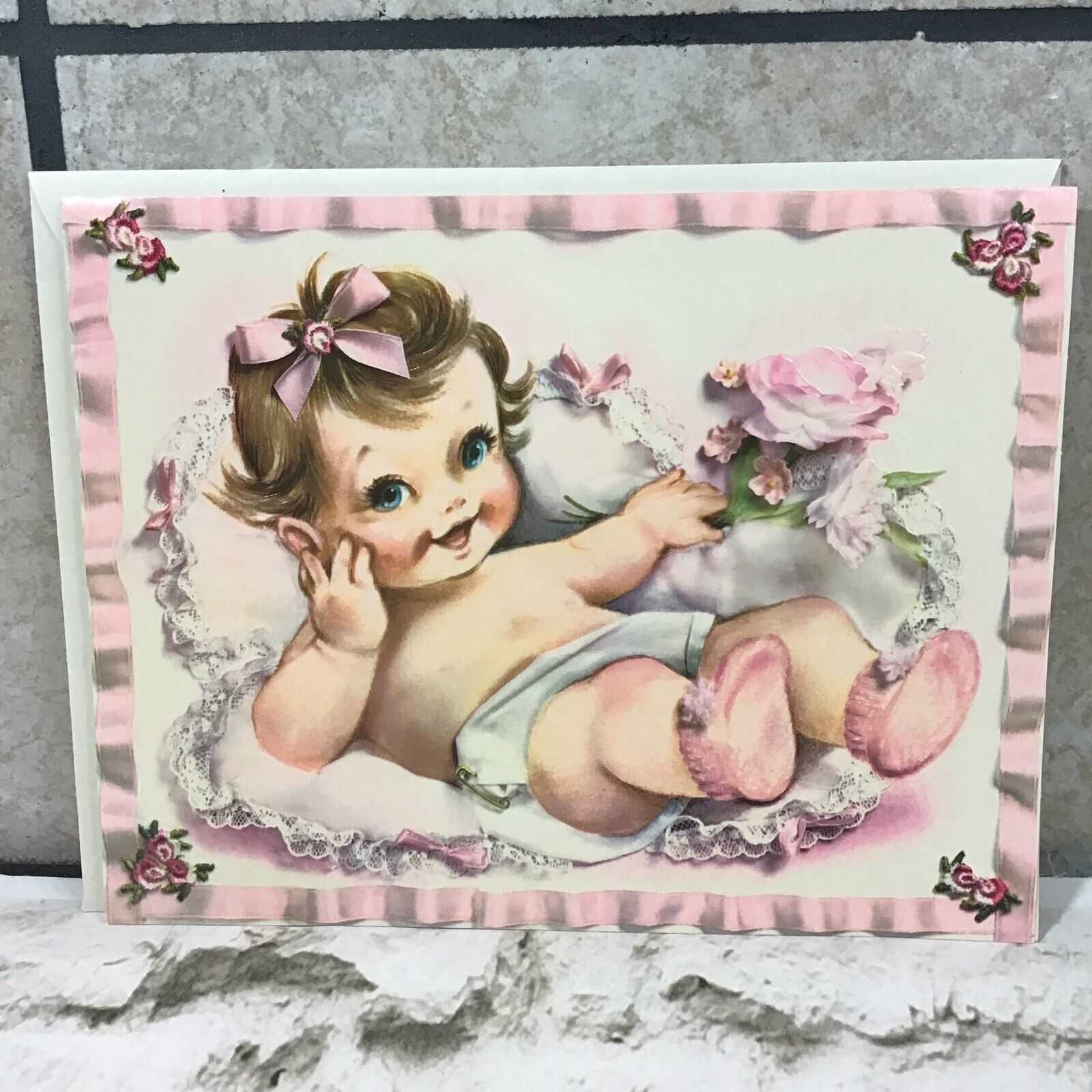 Vintage 50’s Jumbo 9.5” Greeting Card Happy Birthday Baby Girl Pretty Pink Bows
