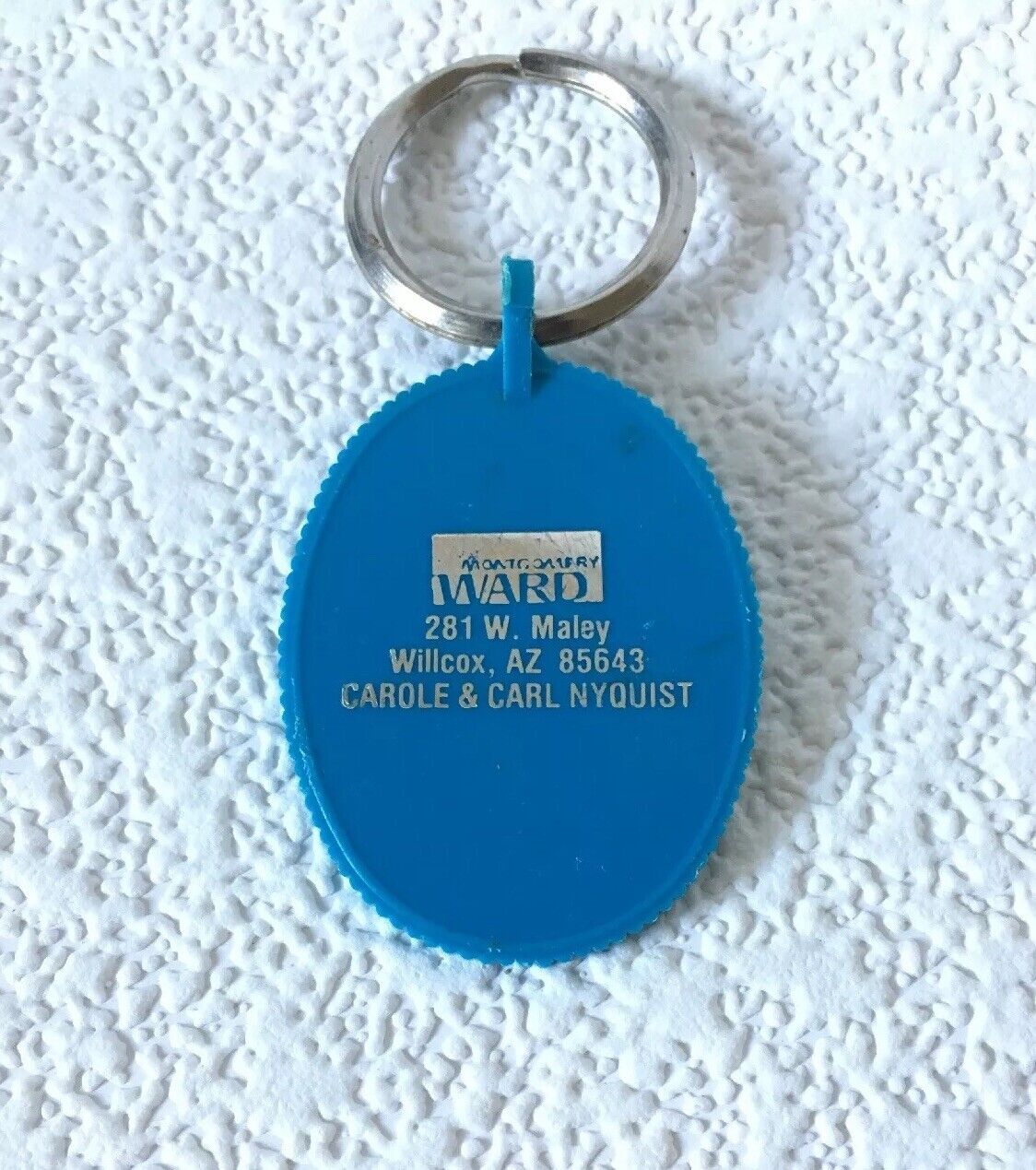 Vintage Keychain MONTGOMERY WARD Key Fob Ring Carole & Carl Nyquist WILCOX, AZ.