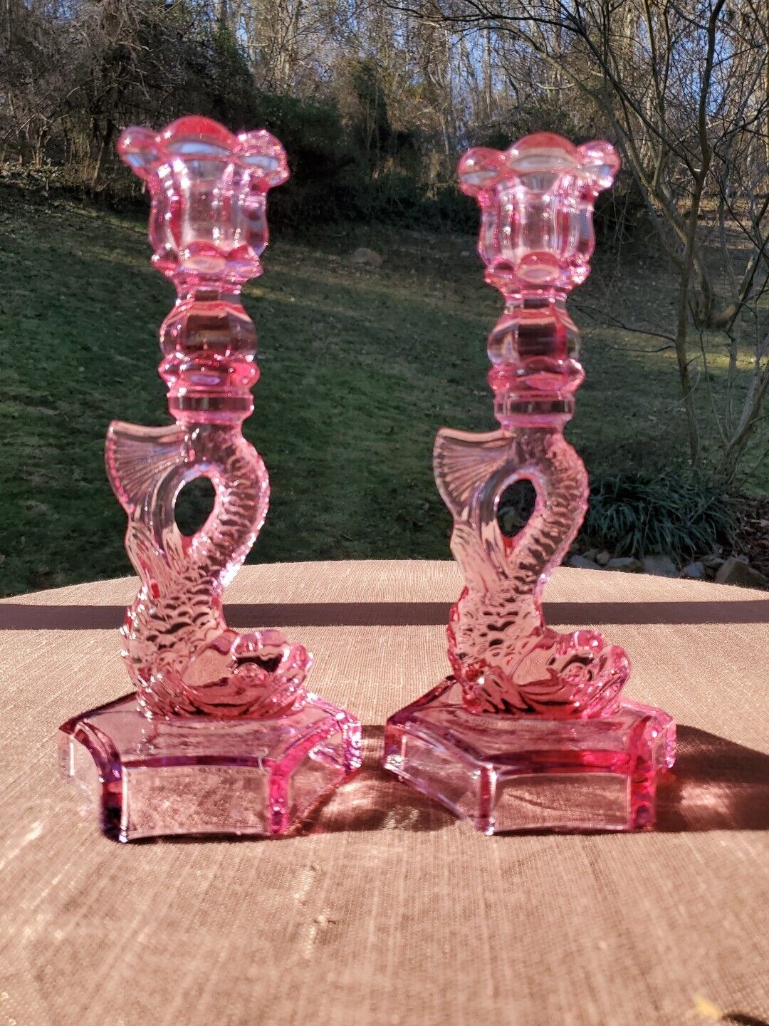 Pair Vintage Cranberry/Pink Dolphin Koi Candle Stick Holders