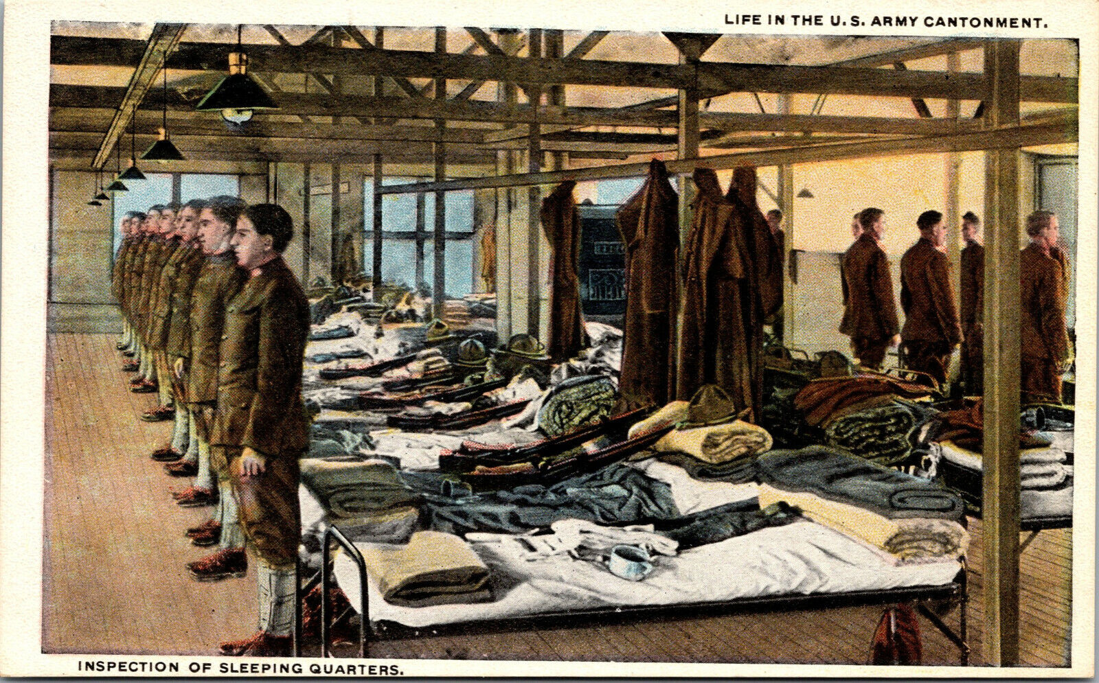 Vtg Life in US Army Cantonment Inspection of Sleeping Quarters Military Postcard