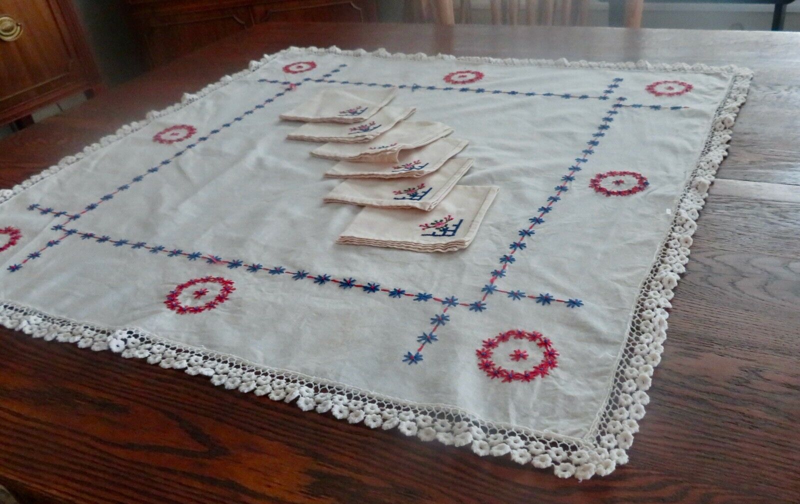Embroidered  Red & Blue  Flowers Crocheted Hem Tea Cloth  30
