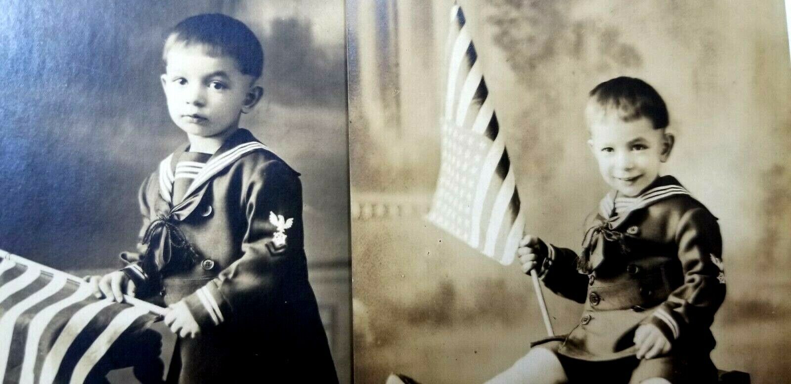 TWO Antique RPPC TODDLER BOY IN UNIFORM Patriotic US Flag Prop SUPER CUTE  A1