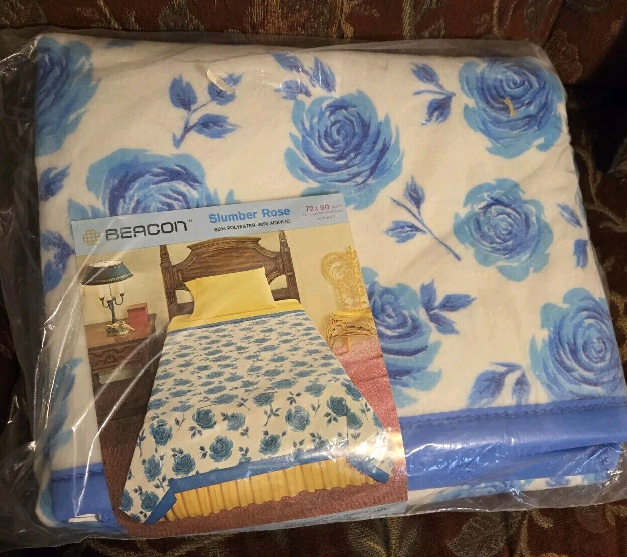 Vtg NOS Beacon Slumber Rose Blue Blanket Twin Full  72 x 90 inch